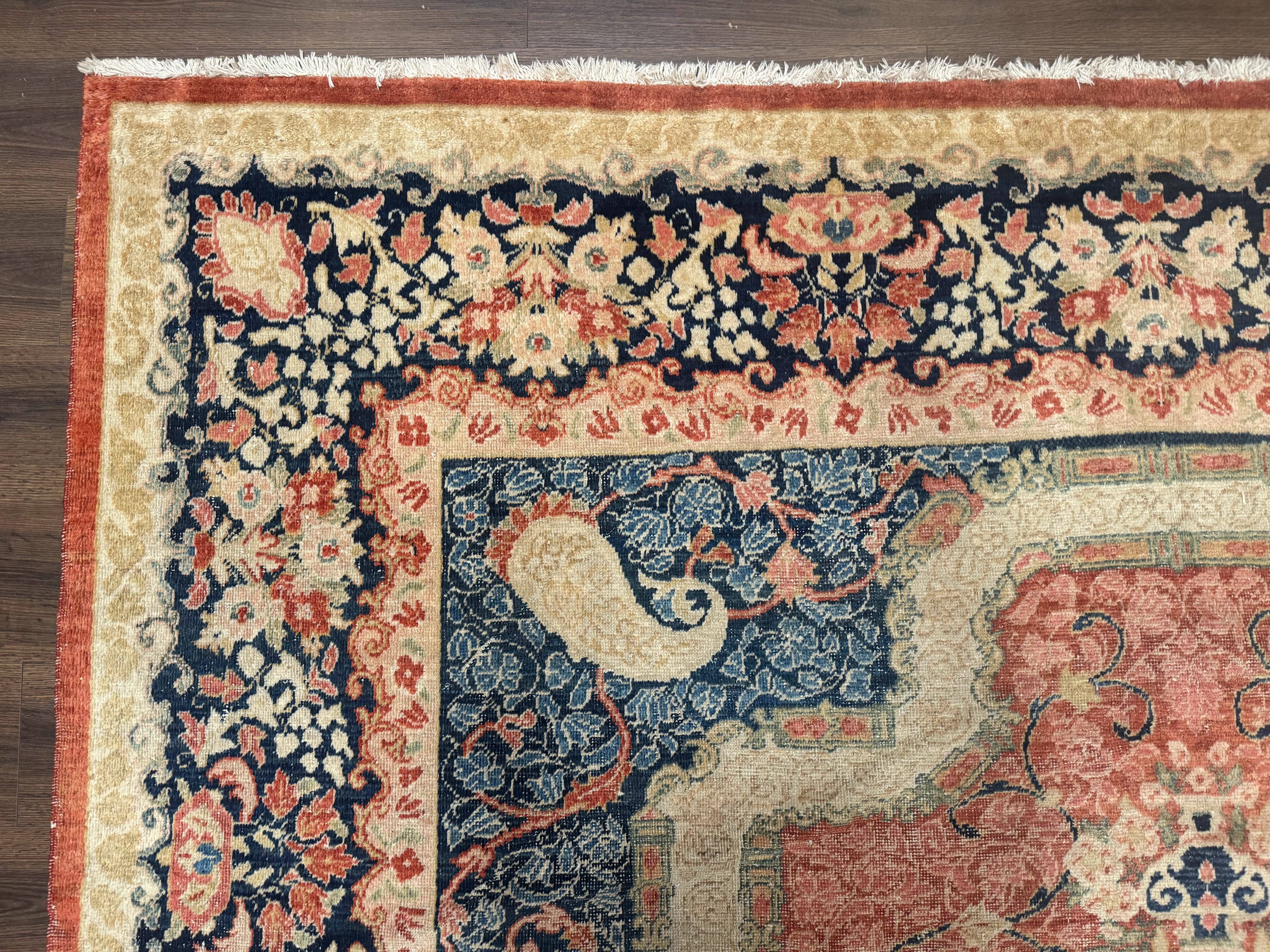 Antique Persian Sarouk Rug 9x12, Boteh Paisleys, Light Red Navy Blue - Jewel Rugs