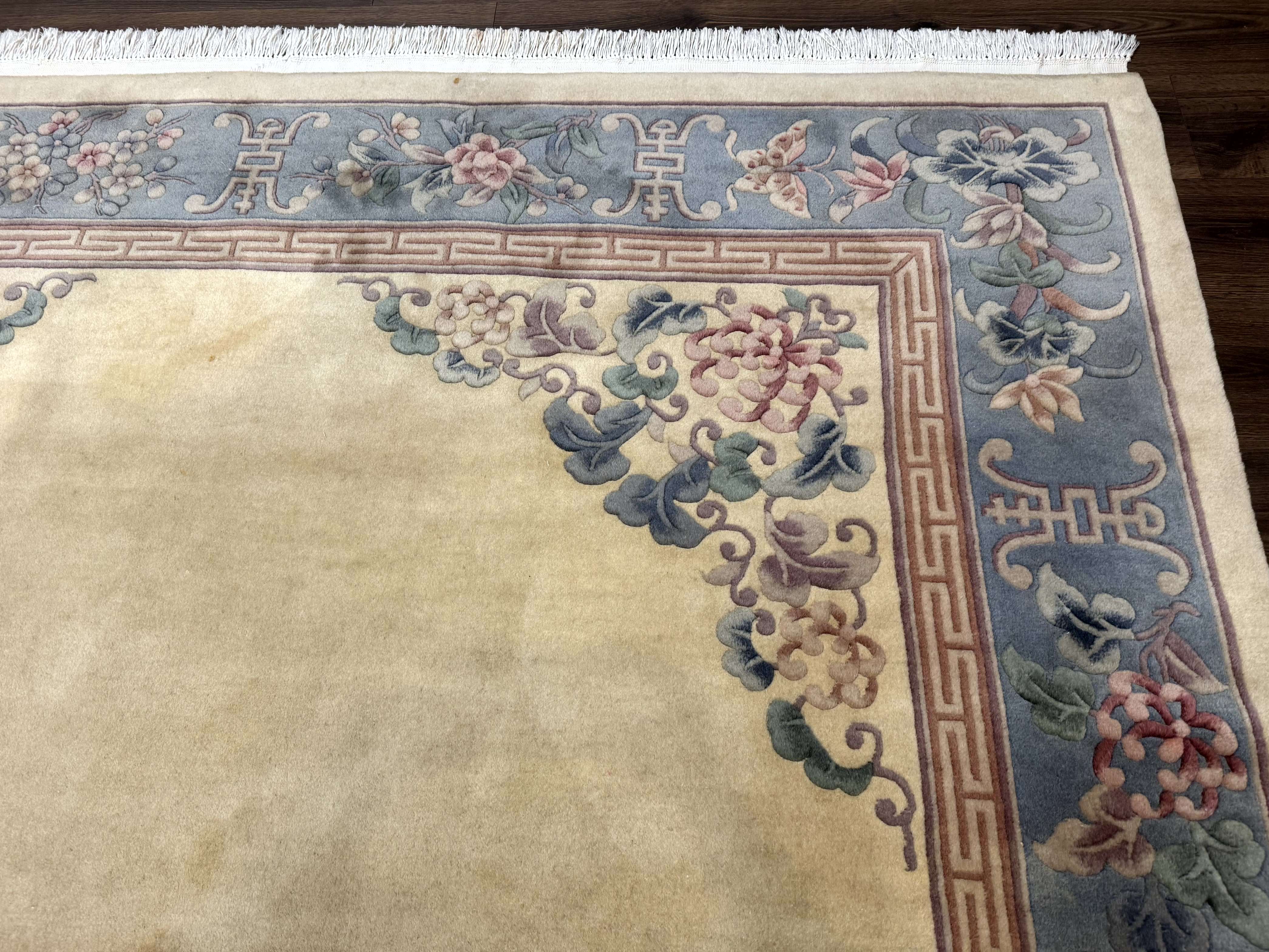Chinese Wool Rug 8x10, Chinese 90 Line Carpet, Carving Sculpted Rug, Cream and Light Blue - Jewel Rugs