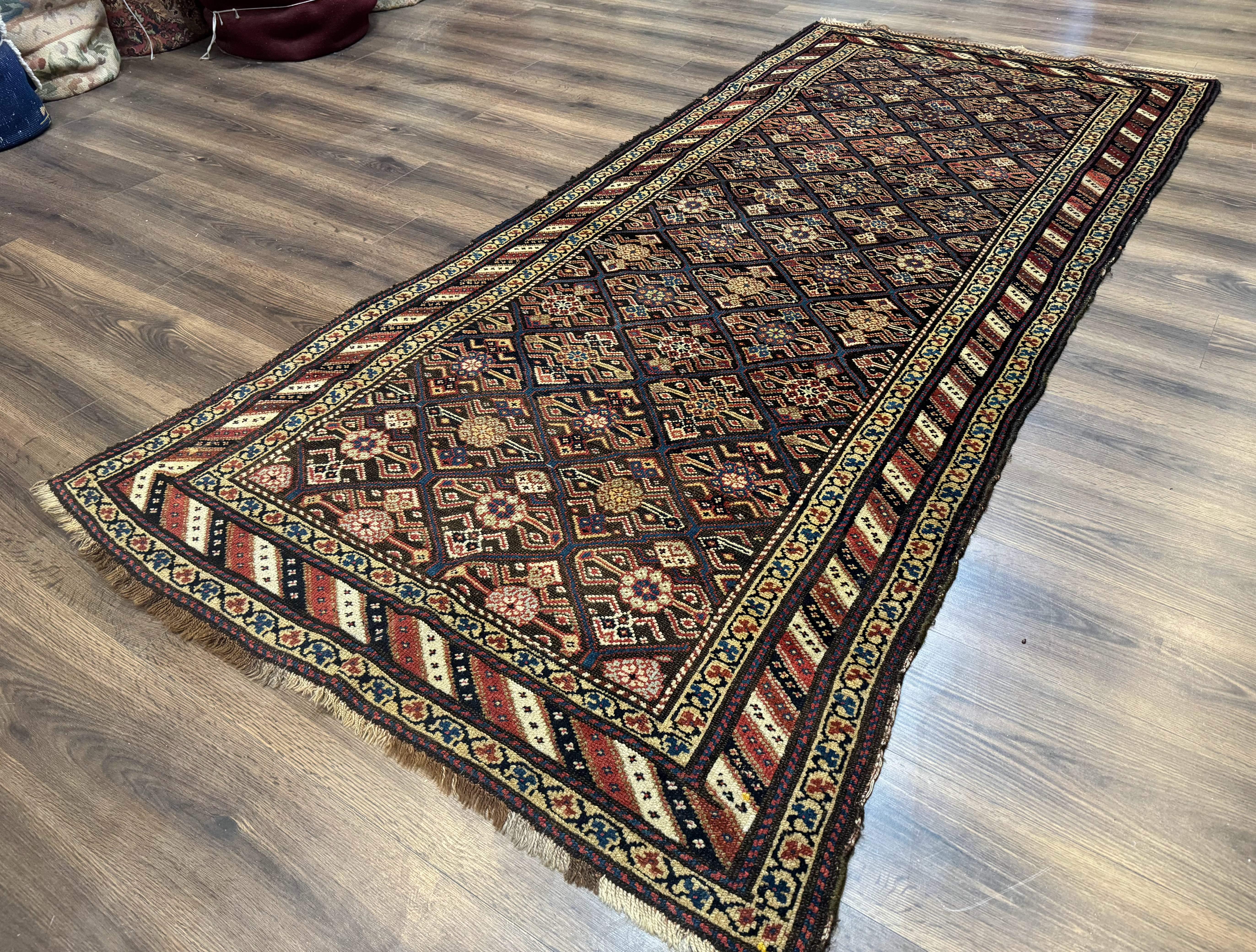 Antique Persian Wide Runner Rug 4x9, Kurdish Rug, Panel Design, Rainbow Border, Rare Tribal Rug - Jewel Rugs