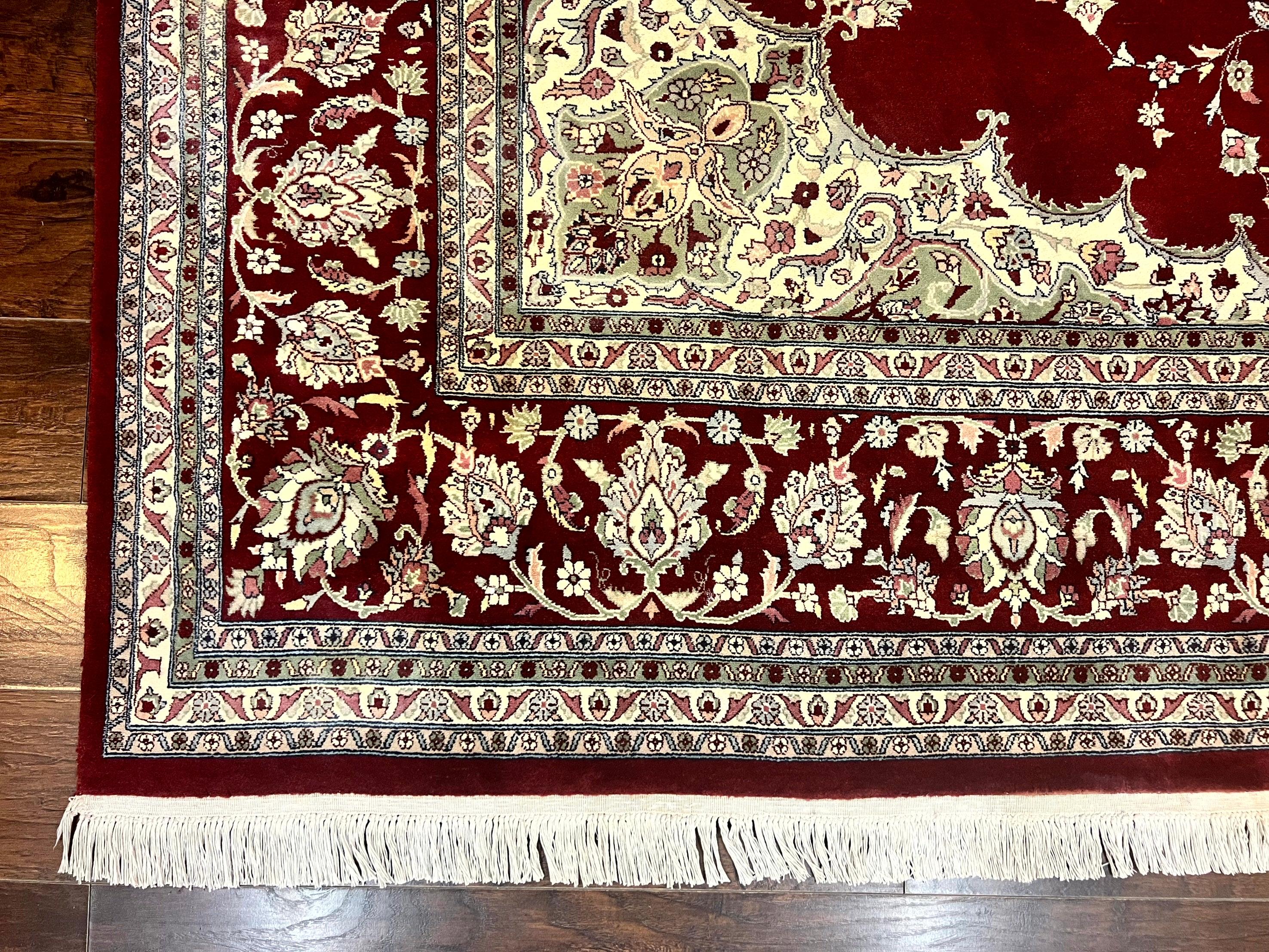 Pak Persian Rug 9x12, Handmade Vintage Traditional Wool Carpet, Floral Medallion, Dark Red Ivory/Cream, Fine 250 KPSI - Jewel Rugs