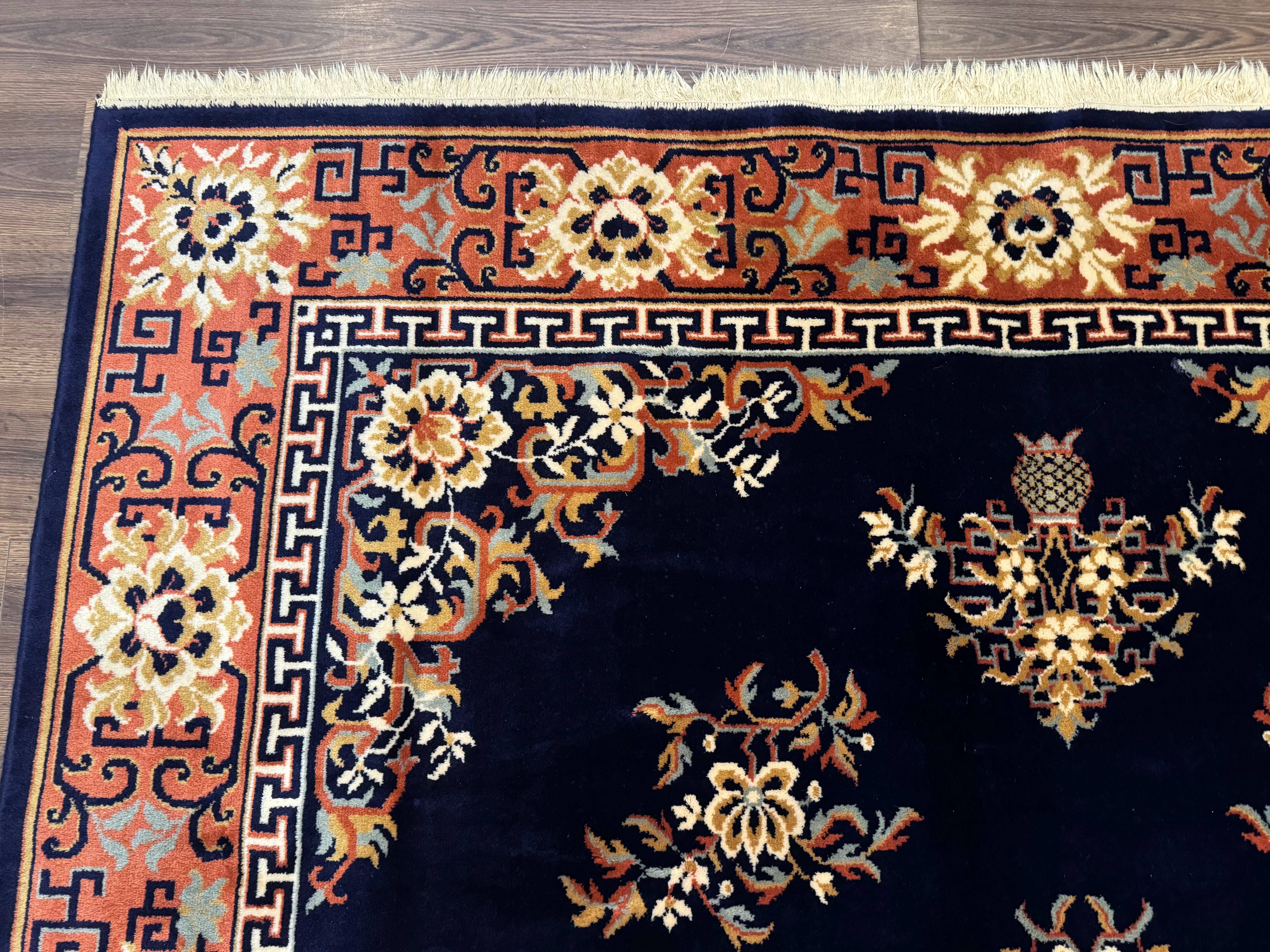 Chinese Wool Rug 8x11, Navy Blue and Terracotta, Floral, Couristan Belgium Power Loomed Carpet - Jewel Rugs
