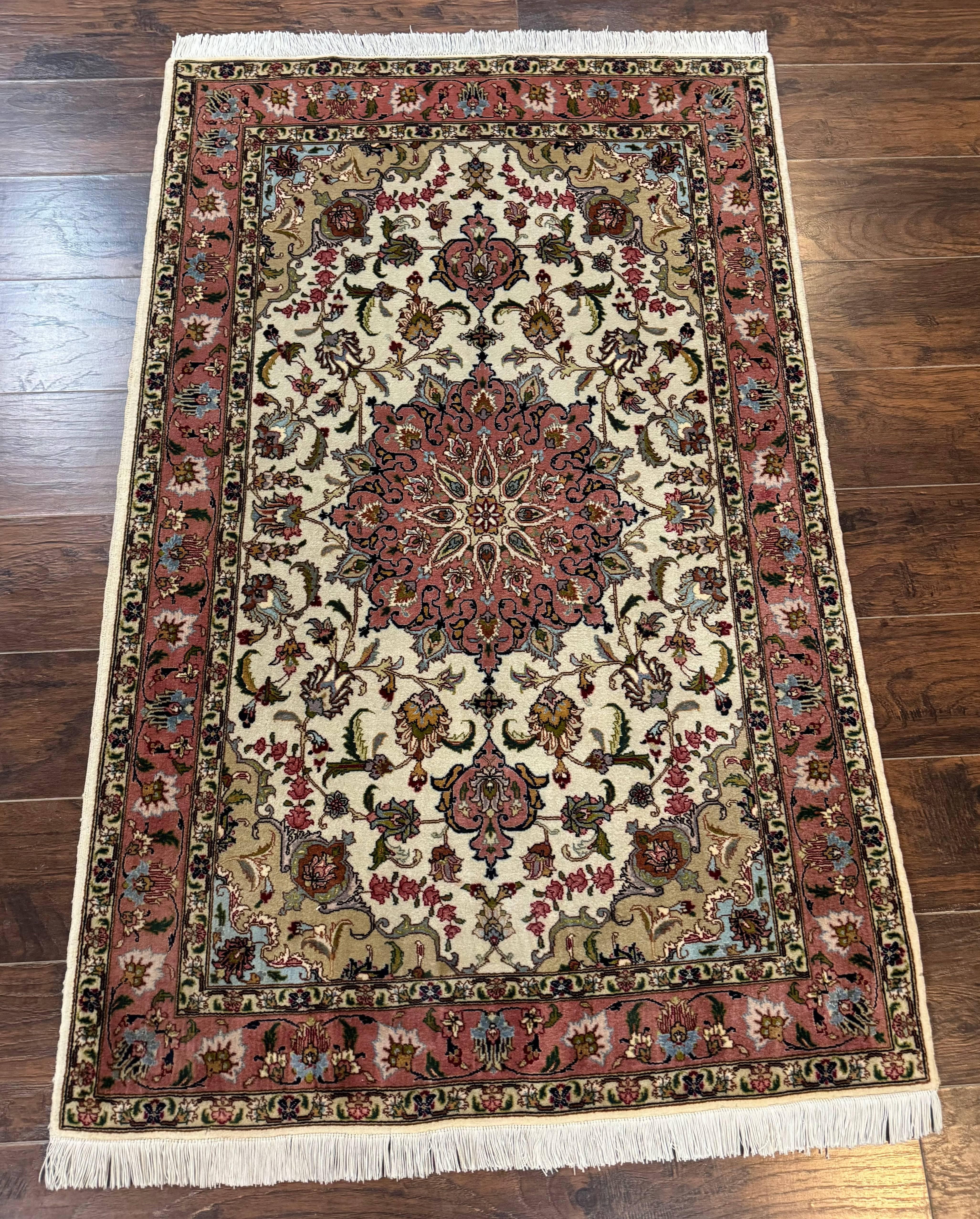 Fine Persian Tabriz Rug 3x5, Floral Medallion, 340 KPSI, Ivory Salmon - Jewel Rugs