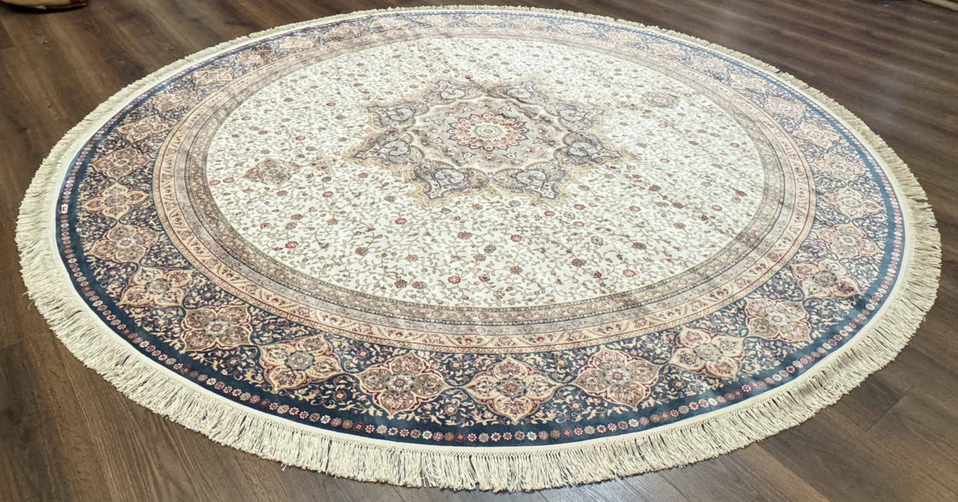 Large Turkish Round Silk Rug 8x8 ft, Floral Medallion, Ivory & Navy Blue, Bamboo Silk, New - Jewel Rugs