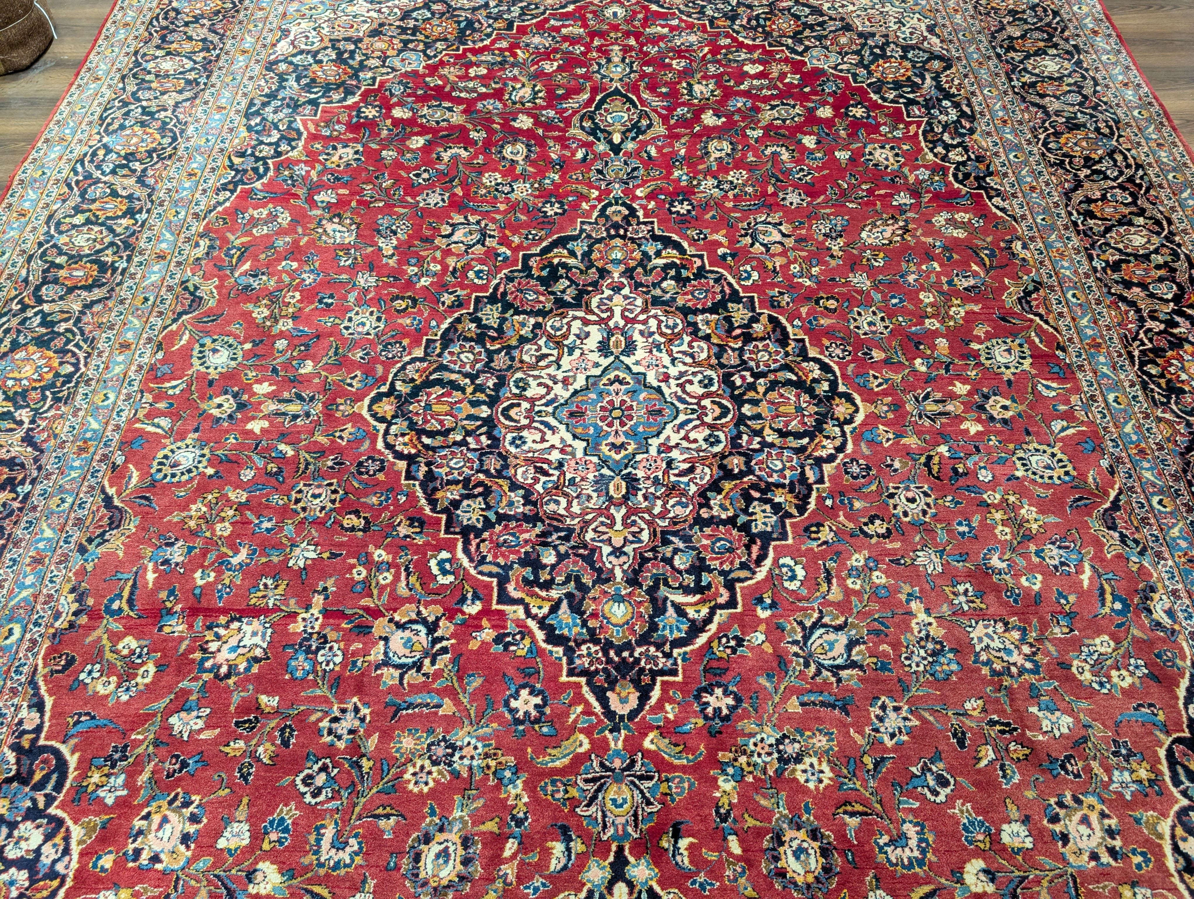Persian Kashan Rug 10x14, Red and Navy, Hand Knotted Wool Traditional Persian Carpet, Signed By Master Weaver - Jewel Rugs