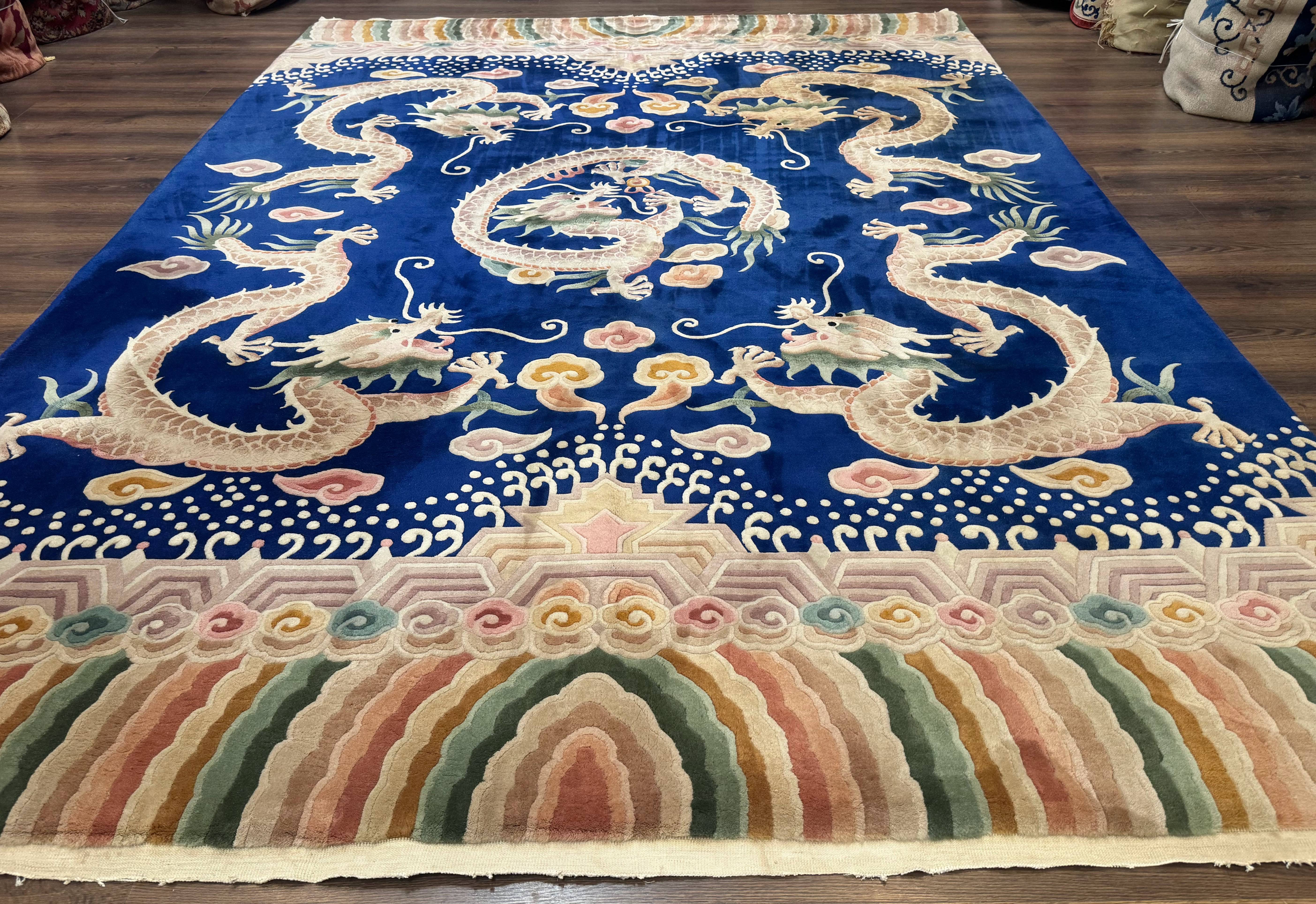 Blue Chinese Rug 9x12, Dragons, Rainbow Border, Art Deco Carpet, Peking Rug, Rare - Jewel Rugs
