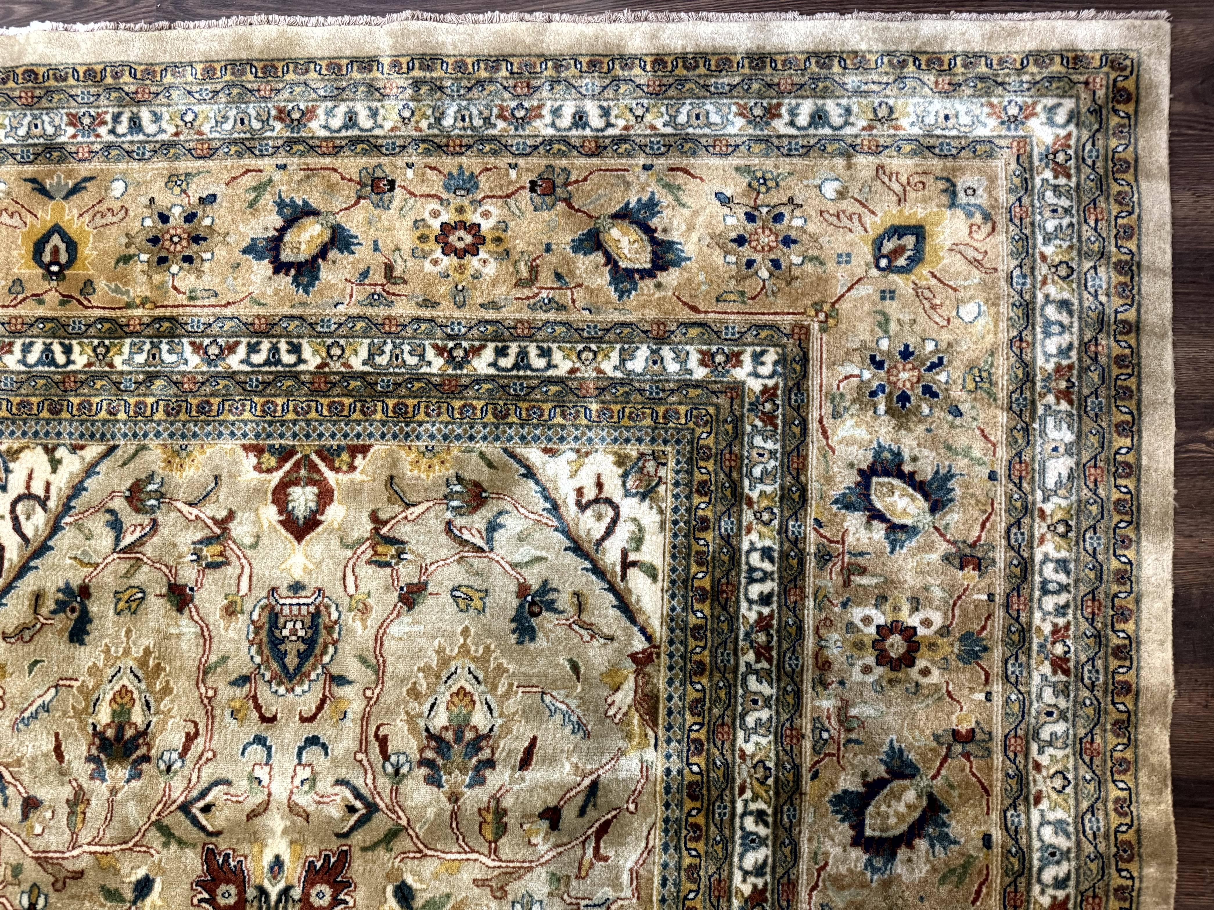Palace Sized Indo Persian Tabriz Rug 12x18, Tan, Hand Knotted Handmade Oversized Wool Area Rug, Allover Pattern, Fine 225 KPSI - Jewel Rugs