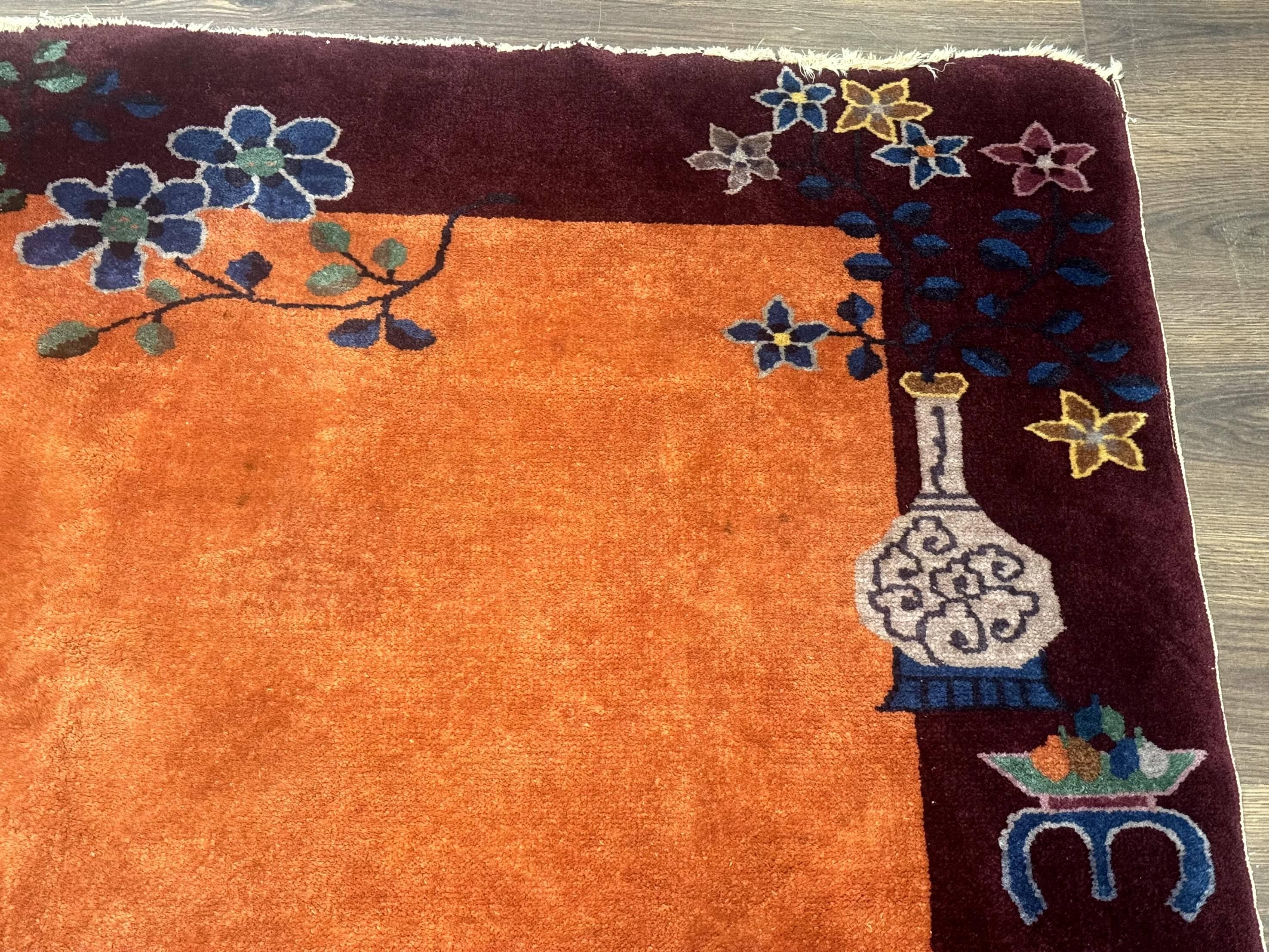 Chinese Art Deco Rug 5x8, Antique Chinese Wool Rug, Nichols Rug, Rare Chinese Carpet, Orange and Purple-Maroon - Jewel Rugs