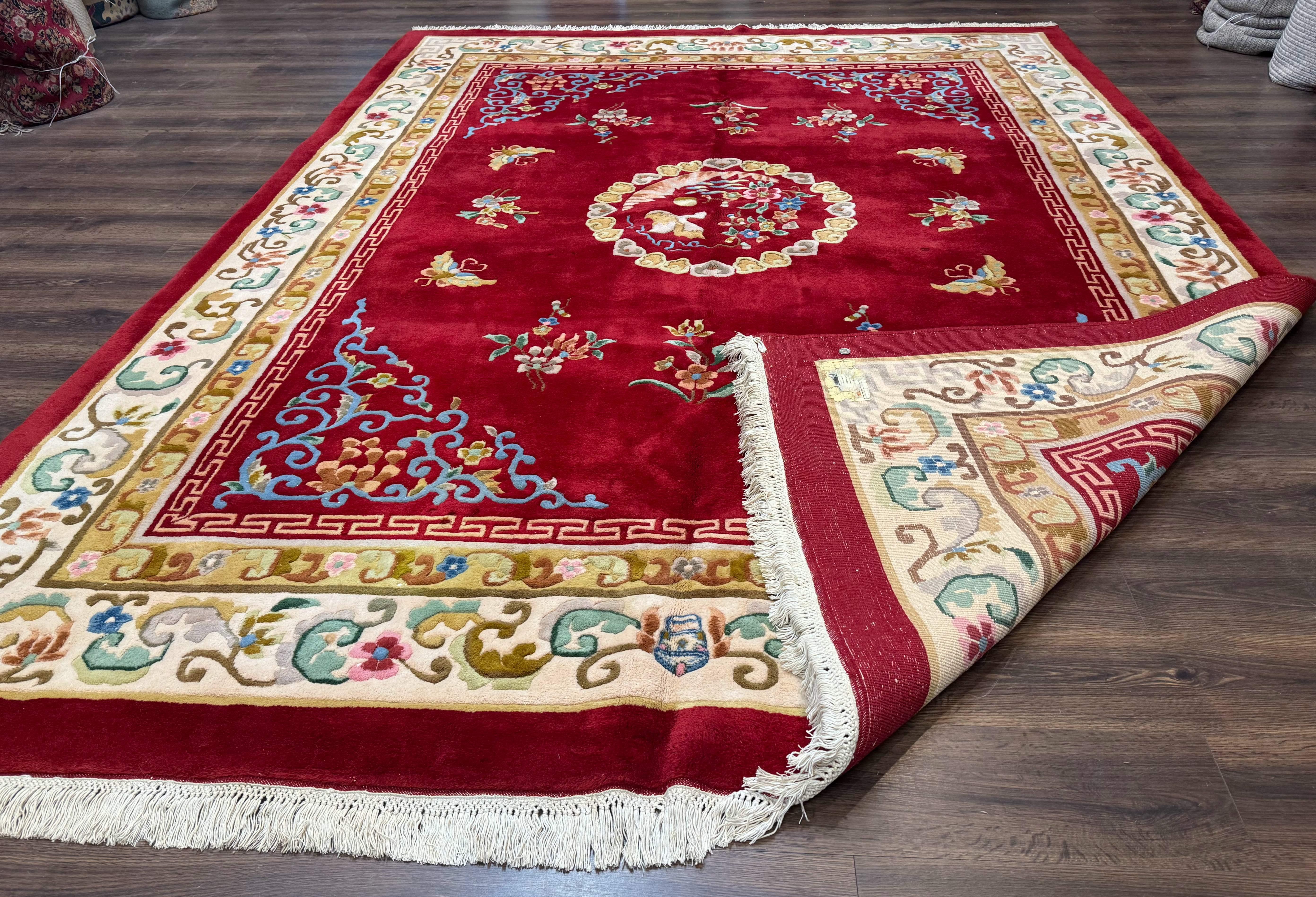 Indo Chinese Wool Rug 9x12, Red Art Deco Carpet, Vintage - Jewel Rugs