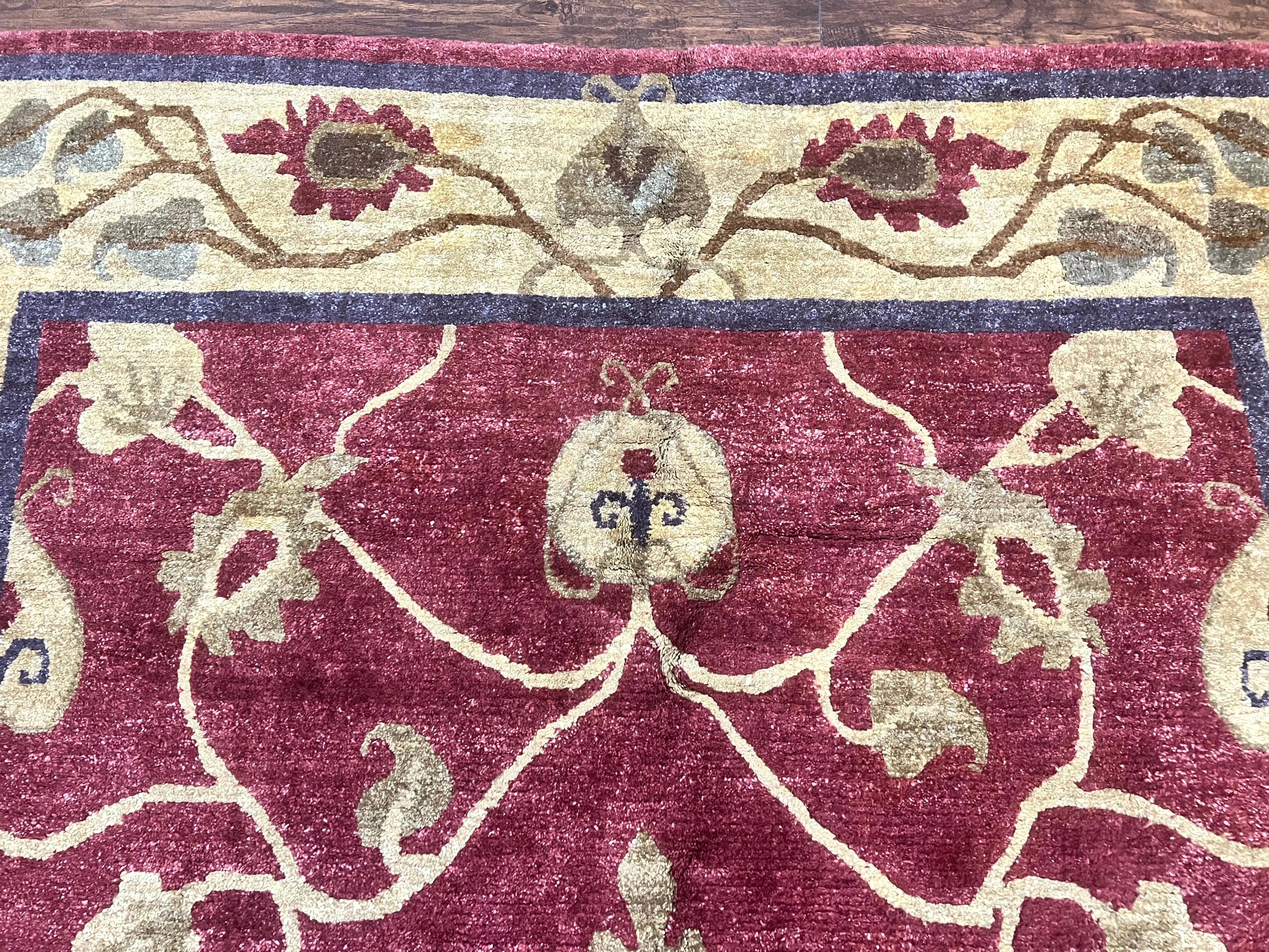 Tibetan Aubusson Rug 8x10, Maroon and Beige, Floral, Handmade, Wool, Vintage, Traditional Rug - Jewel Rugs