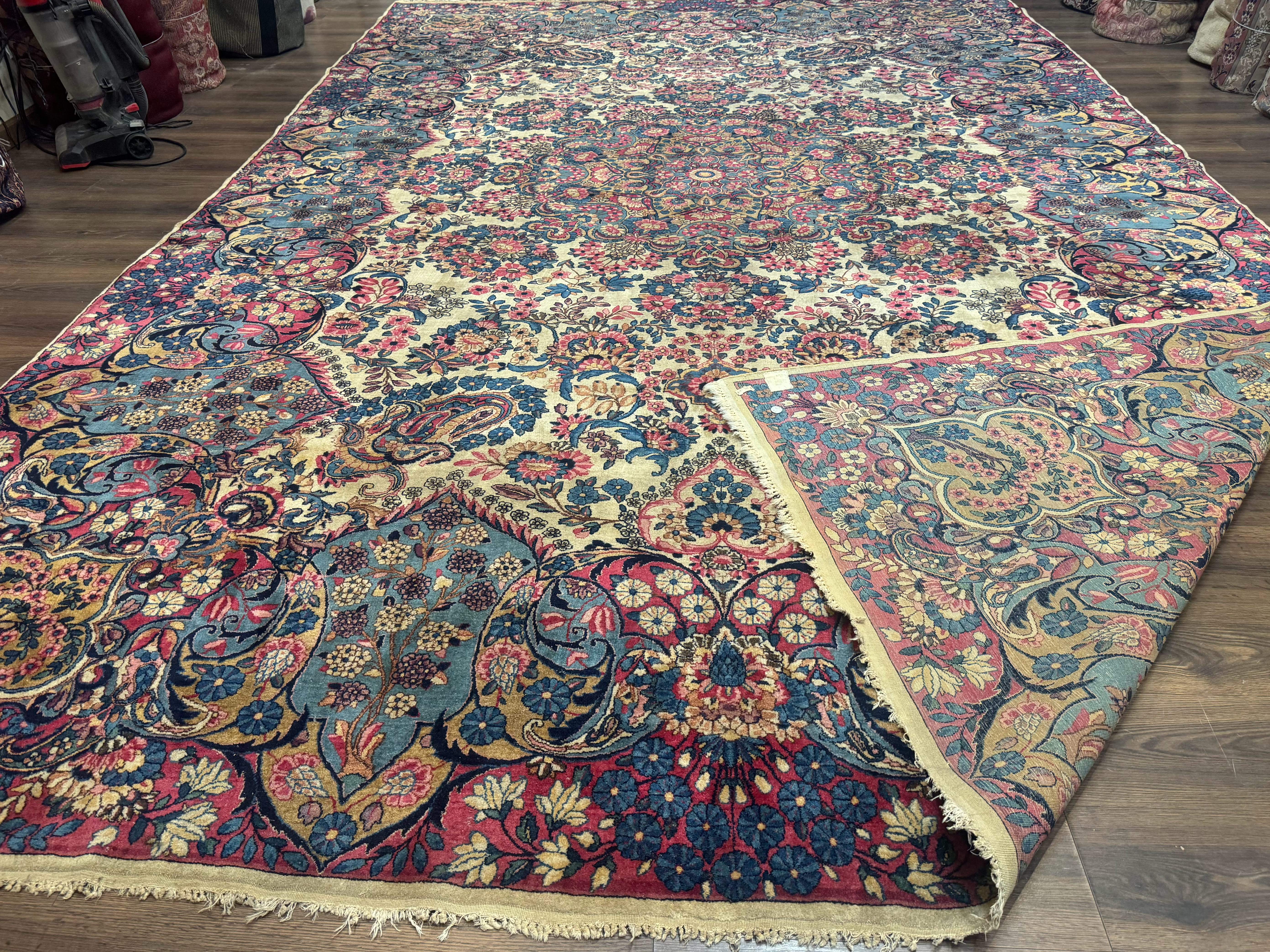 Wonderful Persian Kerman Rug 11x16, Rare Antique Palace Size Persian Carpet, Cream Blue Red, Colorful - Jewel Rugs