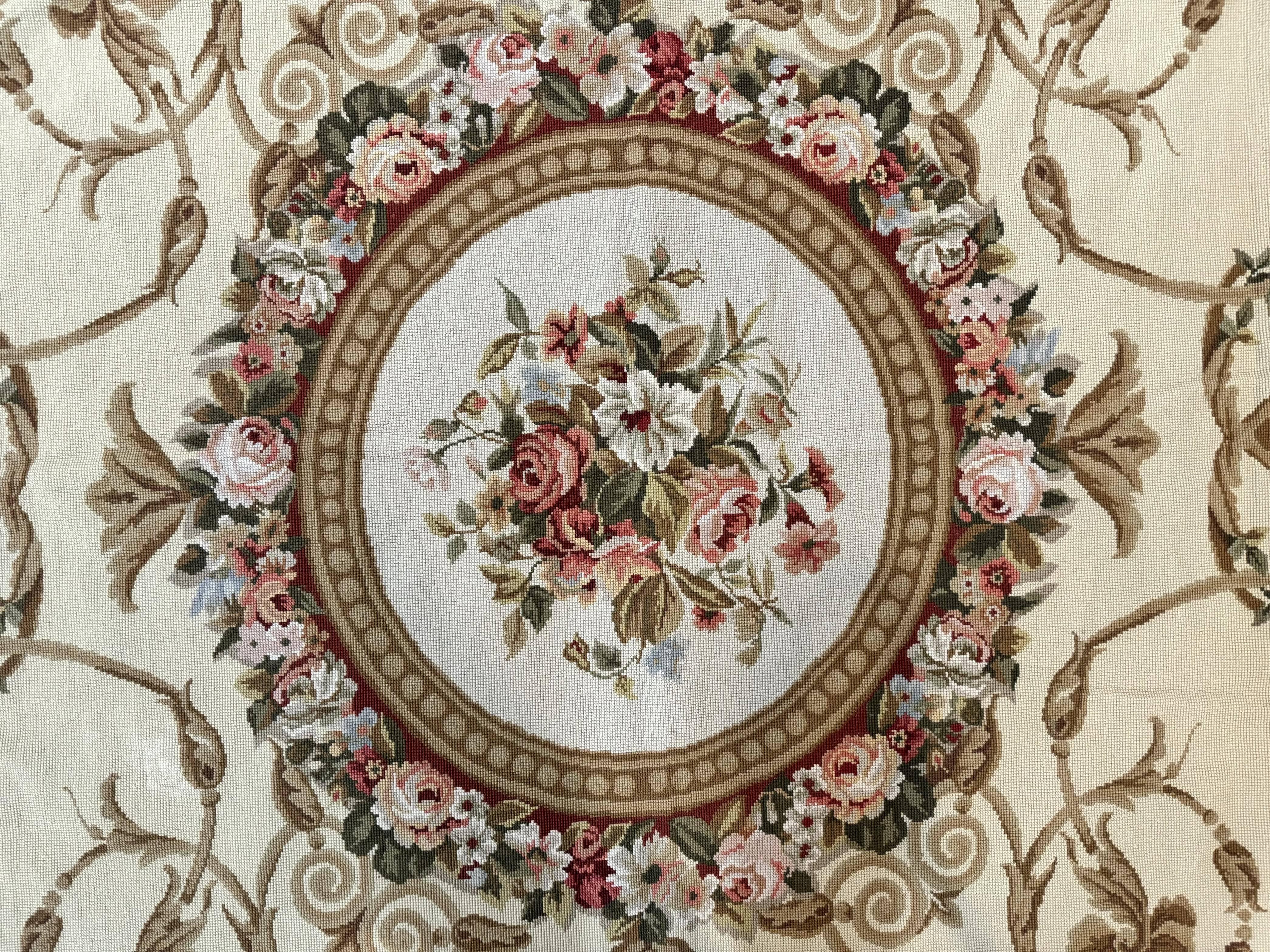Aubusson Needlepoint Rug 9x11, Handmade Vintage Wool Flatweave Carpet, Elegant European Rug, Floral, Cream - Jewel Rugs
