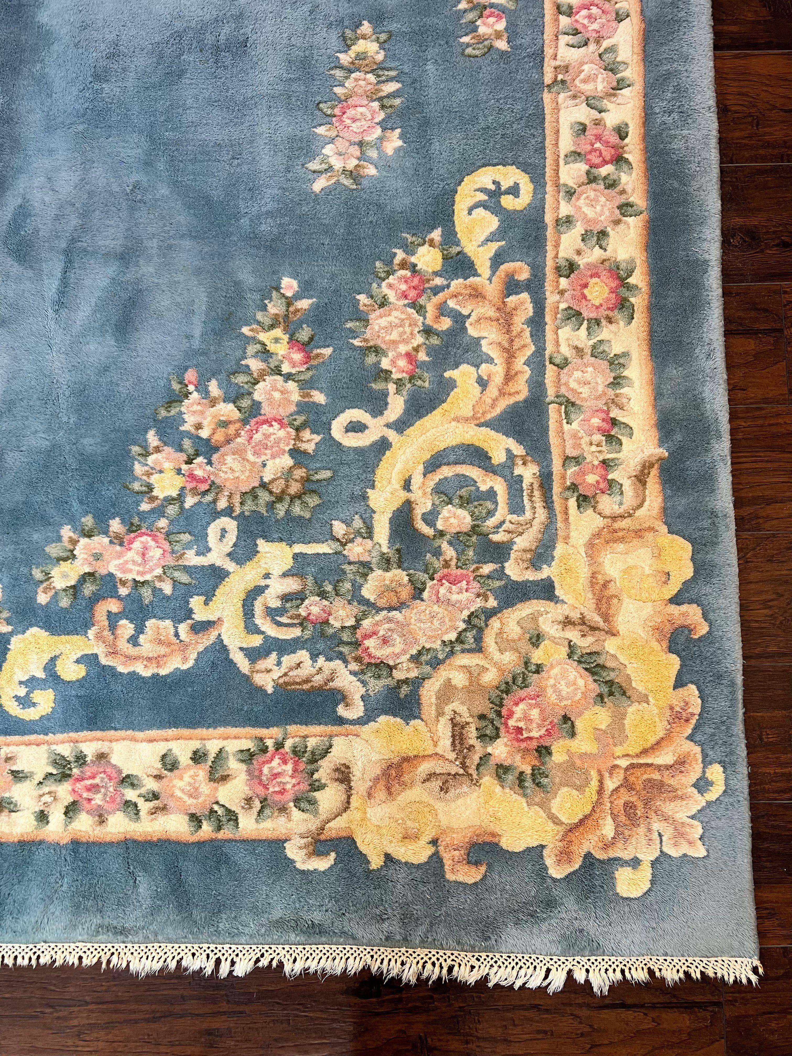 Indo Chinese Rug 9x14, Wool Hand Knotted Vintage Carpet, Light Blue Cream Beige, Aubusson European Design Rug 9 x 14 - Jewel Rugs