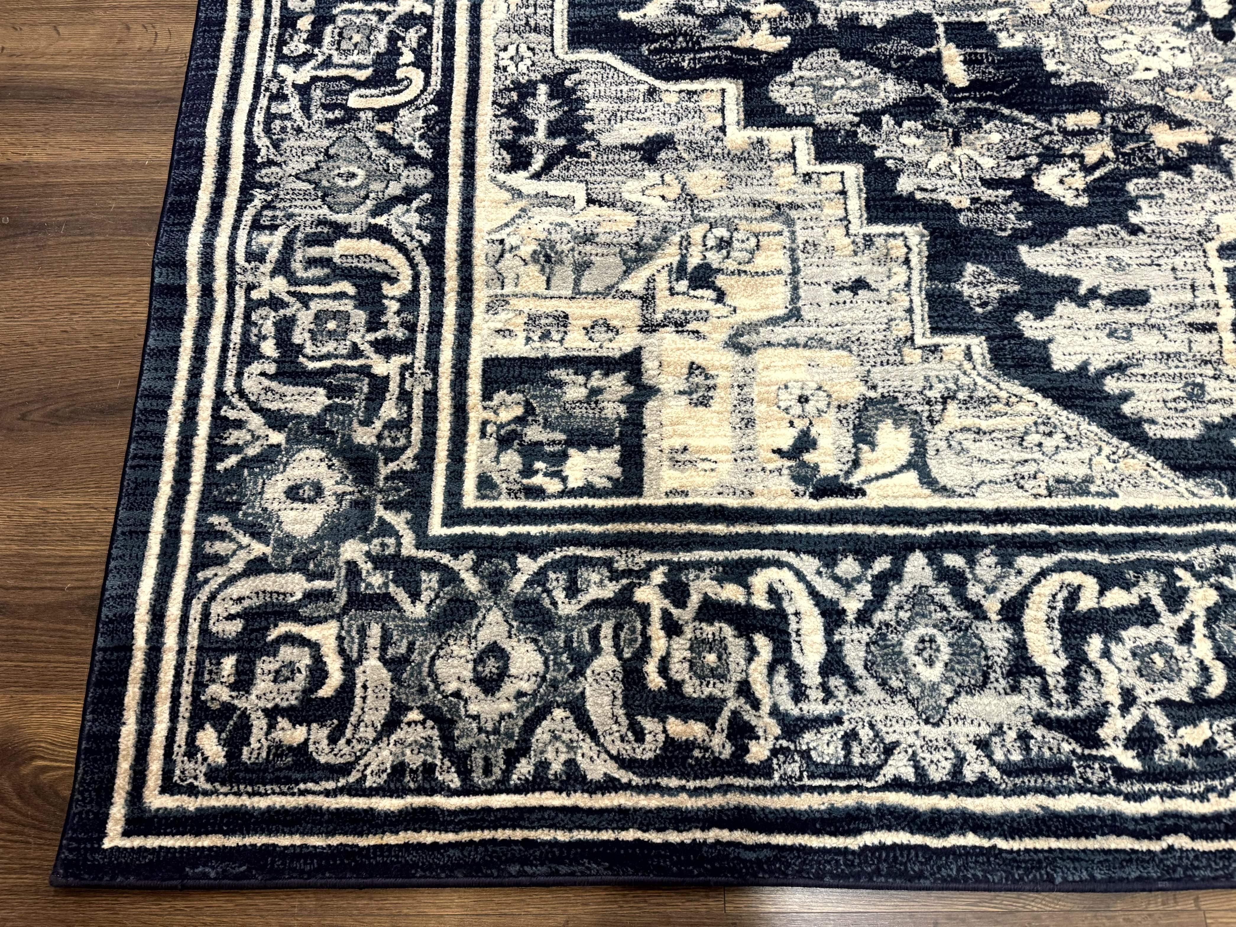 Heriz Pattern Rug 8x10, Modern Heriz Carpet, Geometric Area Rug, Oat and Navy Blue - Jewel Rugs