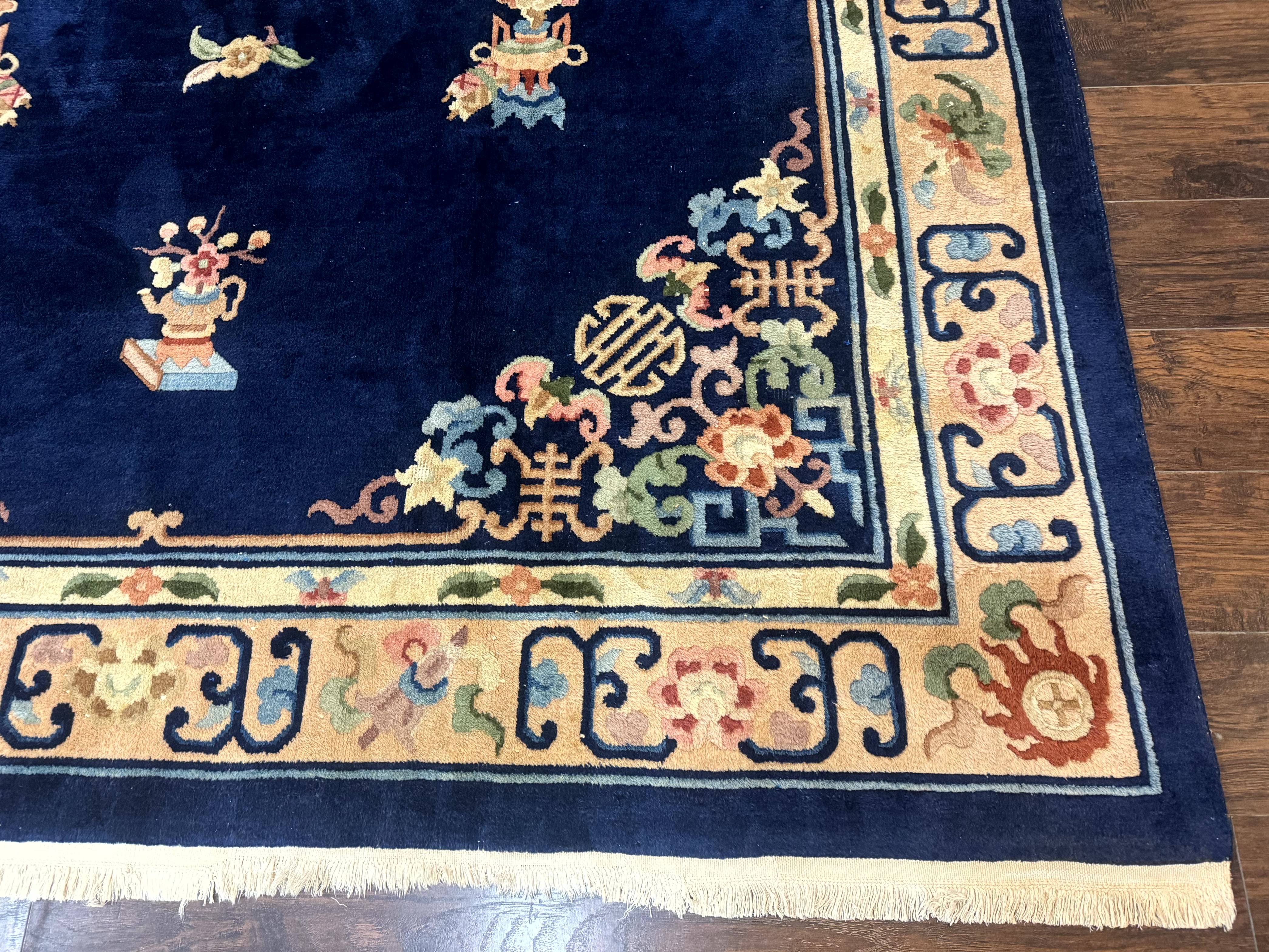 Chinese Wool Rug 8x11, Navy Blue and Beige, Simple Design, Fete Carpet - Jewel Rugs