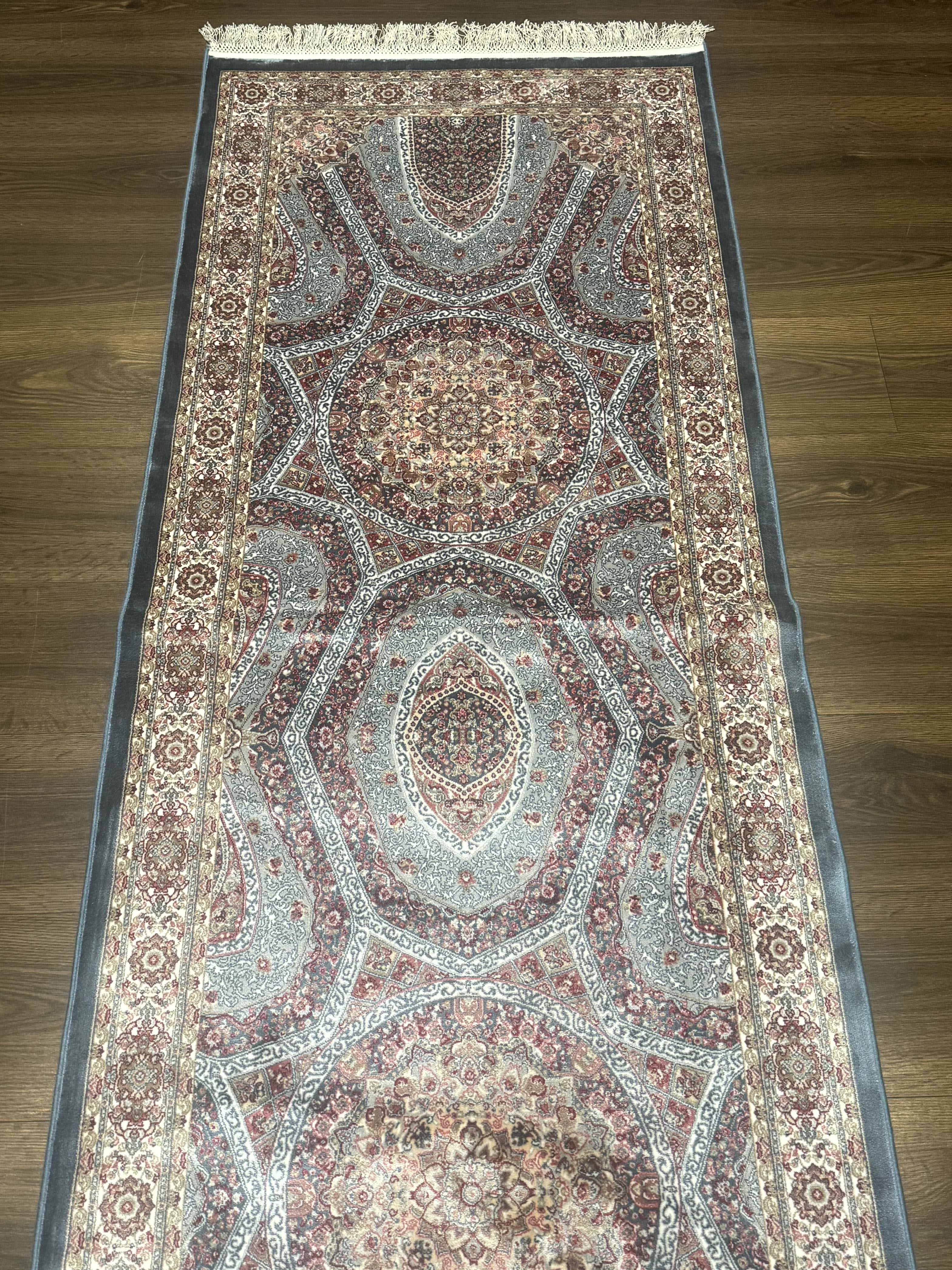 Turkish Silk Runner Rug 2.6 x 13, Blue Runner Rug, Dome Design, Bamboo Silk, New - Jewel Rugs