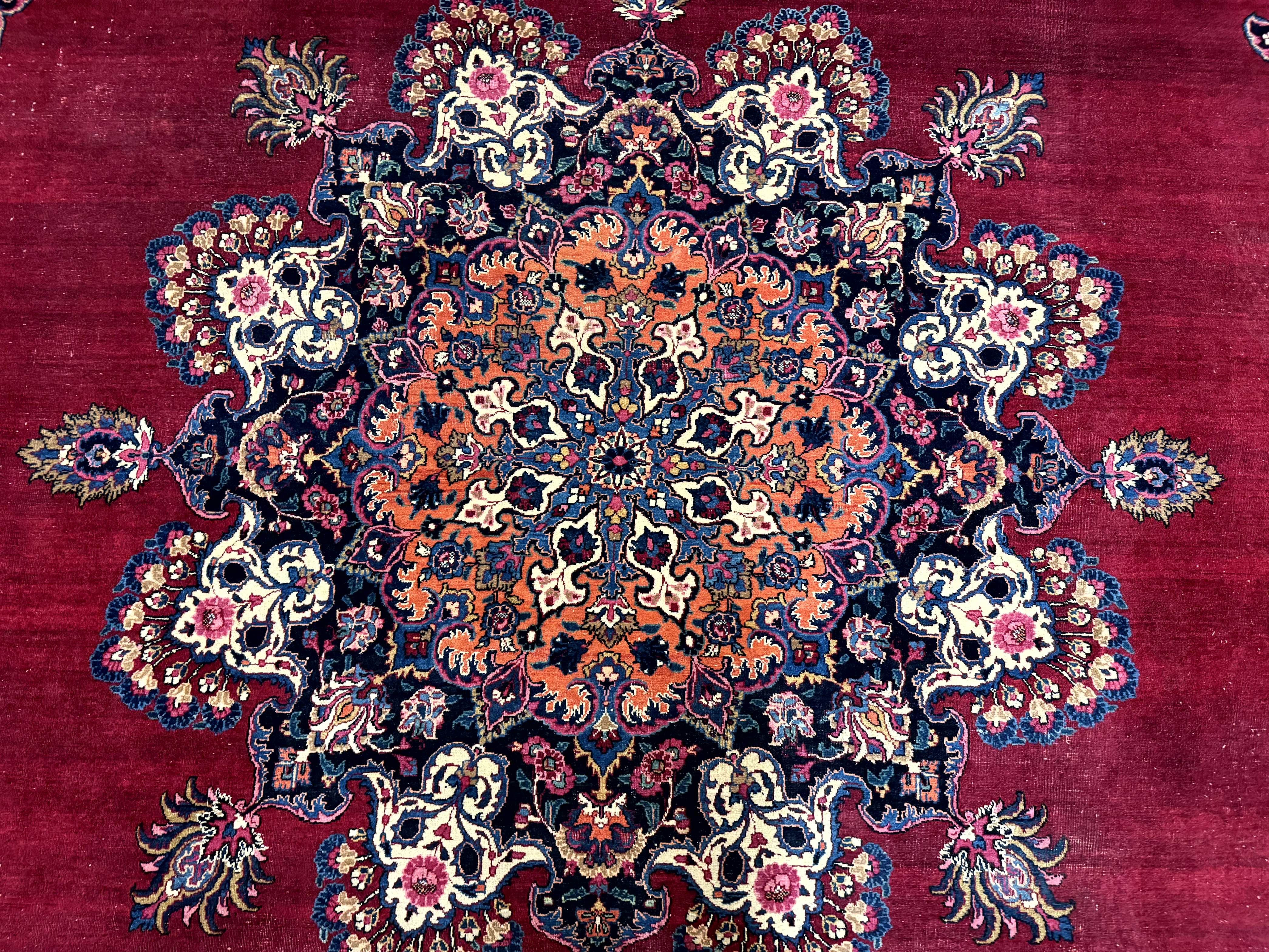 Antique Persian Mashad Rug 12x15, Palace Size Carpet, Wool Hand Knotted, Red and Navy Blue, Floral Medallion - Jewel Rugs