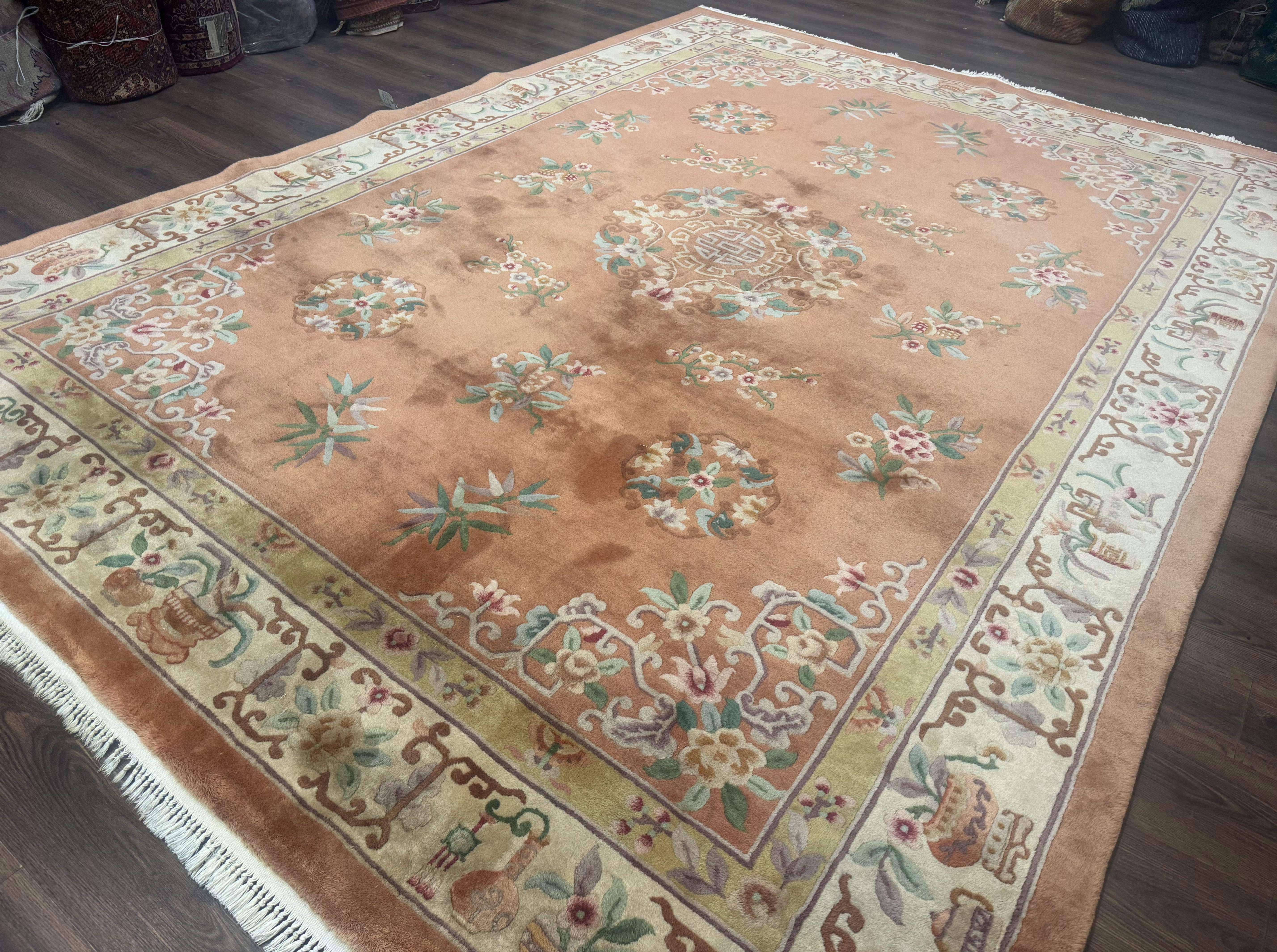 Chinese Wool Rug 9x12 – Apricot-Peach, Hand-Knotted Wool Vintage 90 Line Carpet - Jewel Rugs