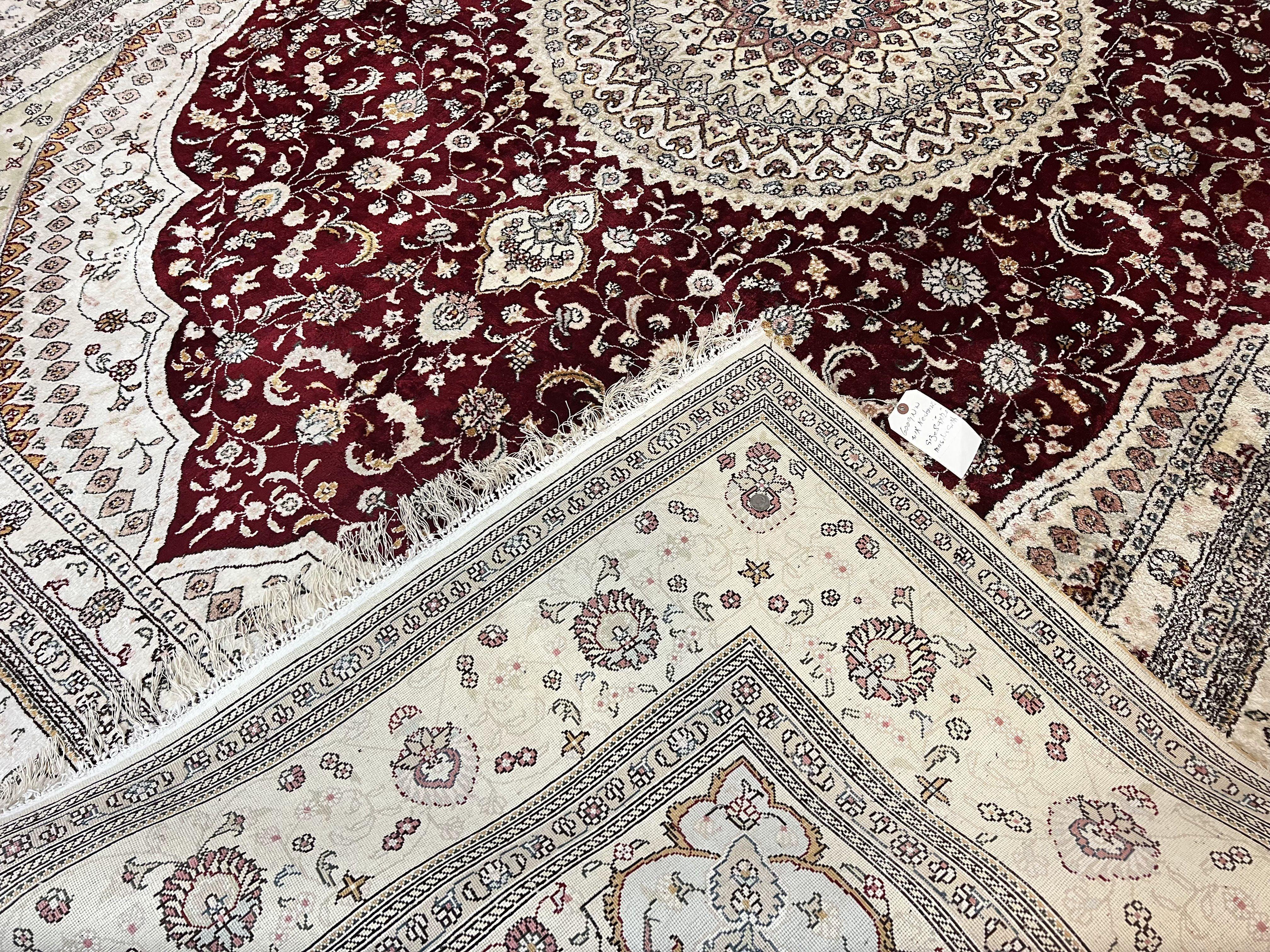 Silk Indian Kashmiri Rug 9x12, Room Sized Silk Carpet, Floral Medallion, Very Fine, Masterpiece Rug, Silk Oriental Rug, Dark Red & Cream Rug - Jewel Rugs
