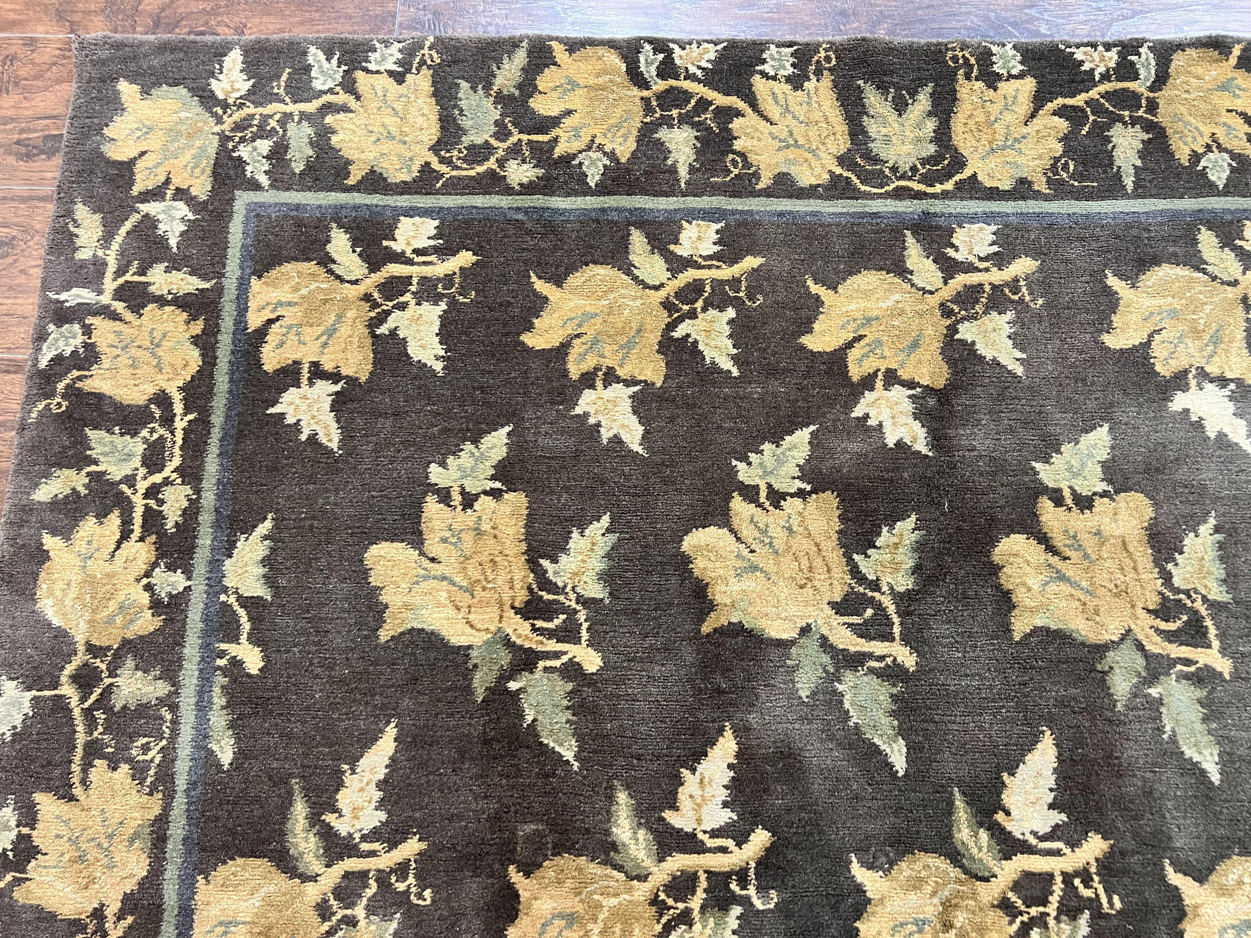 Tibetan Nepal Rug 6x9, Wool Hand Knotted Vintage Carpet 6 x 9, Dark Green & Golden Yellow, Floral Bouquets - Jewel Rugs