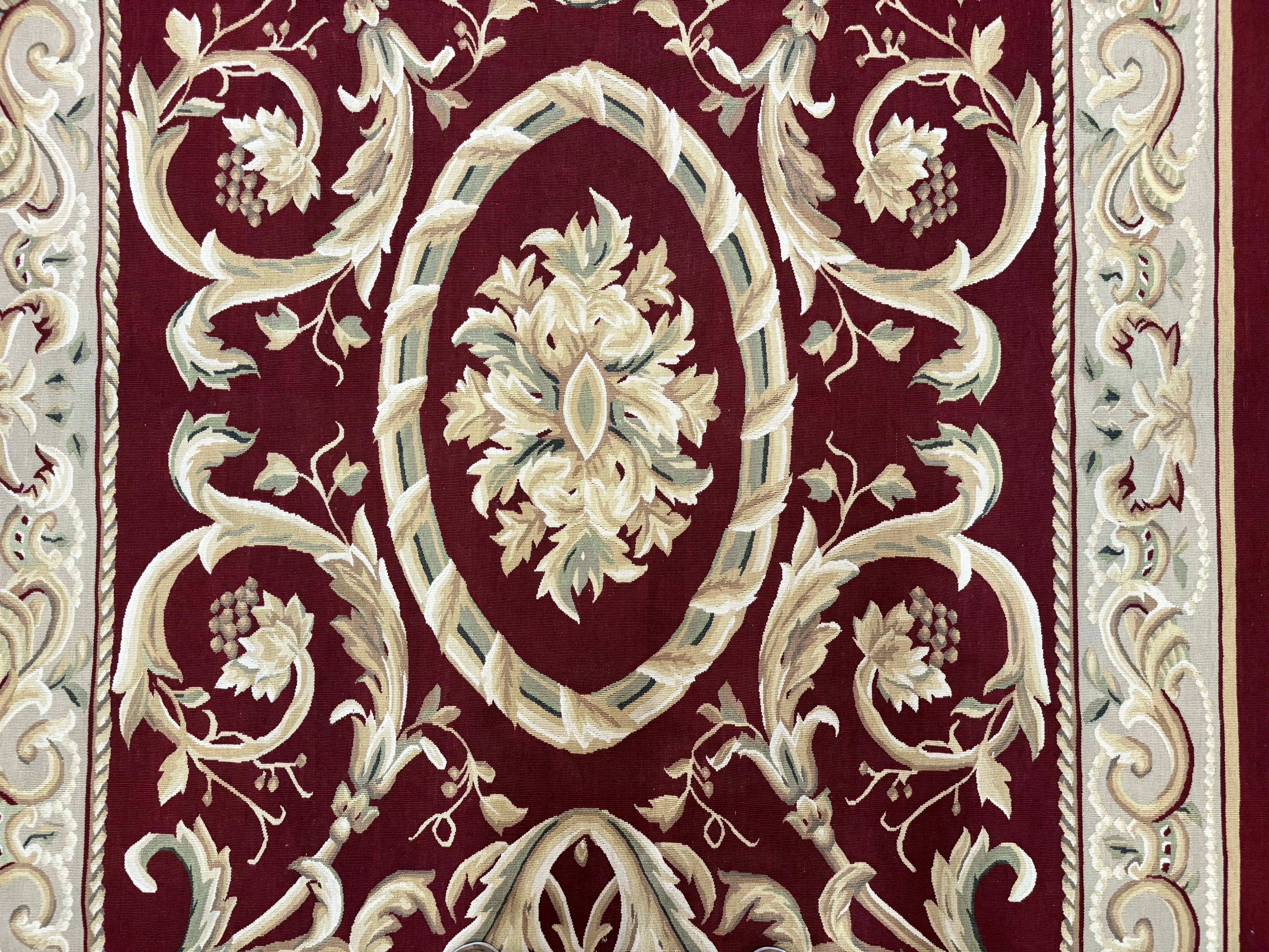 Burgundy Aubusson Rug 6x9, Vintage Wool Carpet - Jewel Rugs