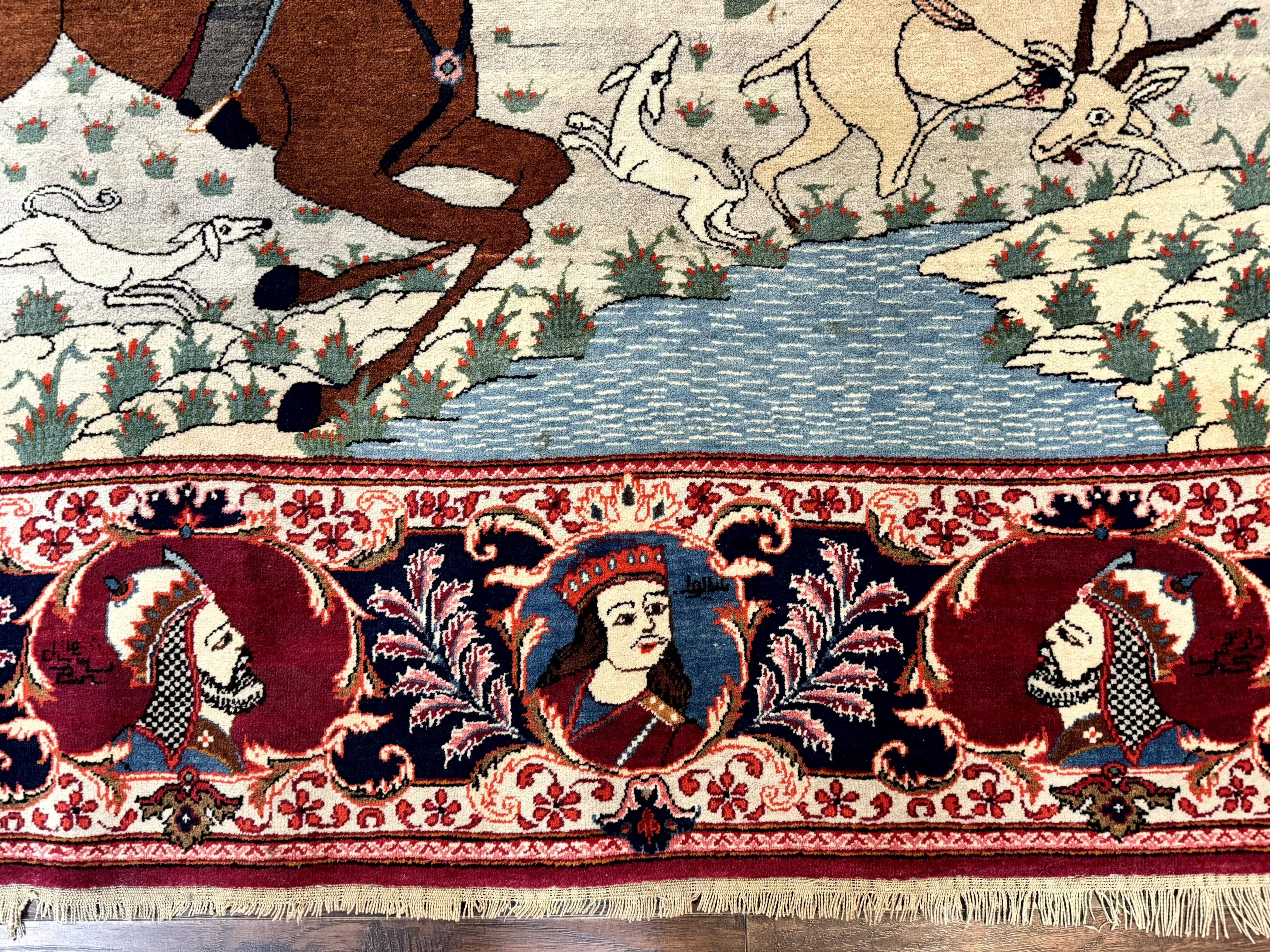 Rare Persian Kashan Pictorial Rug 6x9, King Bahram Hunting Scene, Persian Kings, Hand Knotted Persian Rug for Wall Hanging, Antique, Wool - Jewel Rugs