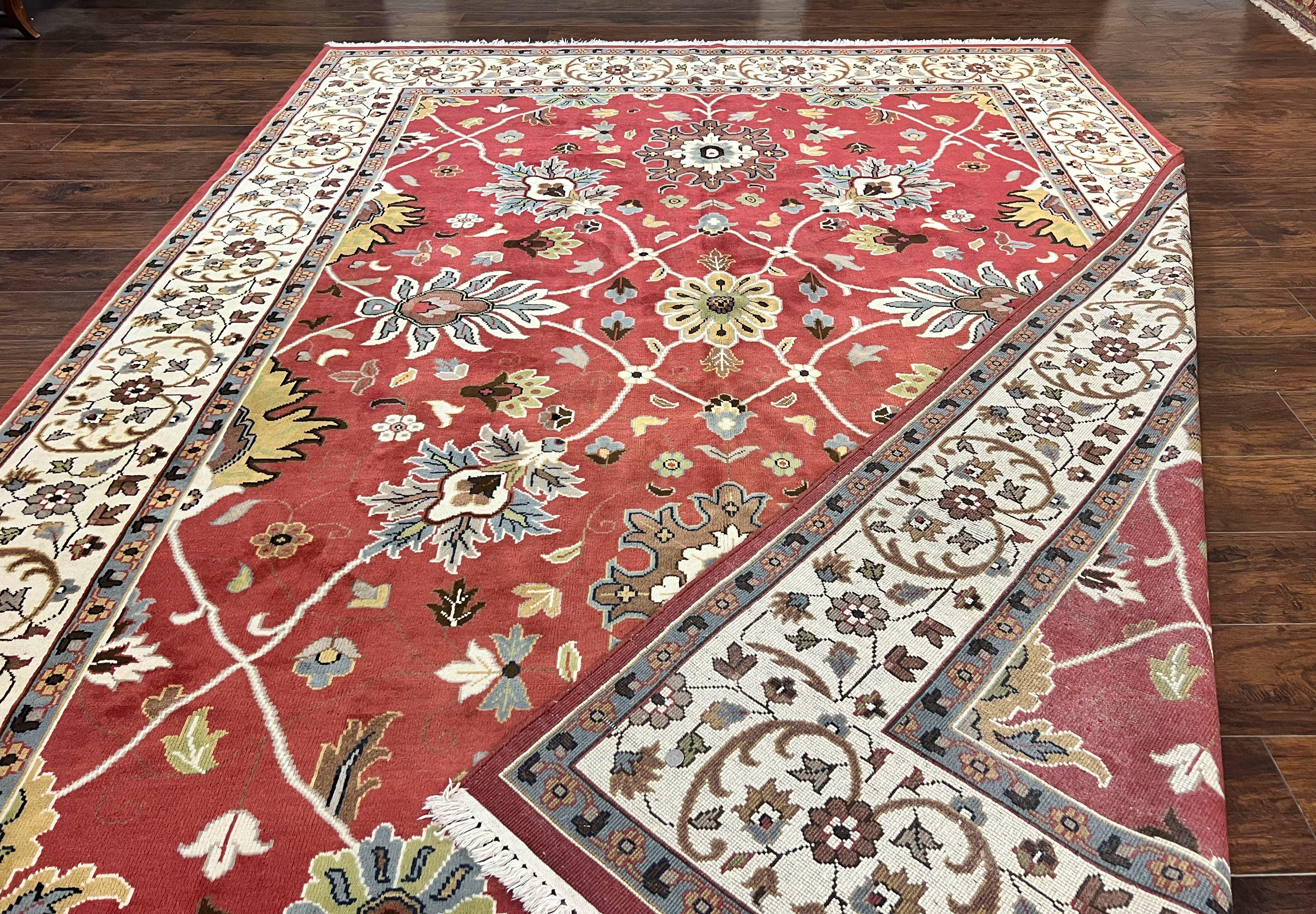 Indo Persian Rug 9x12, Wool Hand Knotted Vintage Carpet, Red & Ivory, Floral Allover, 9 x 12 Room Sized Rug - Jewel Rugs