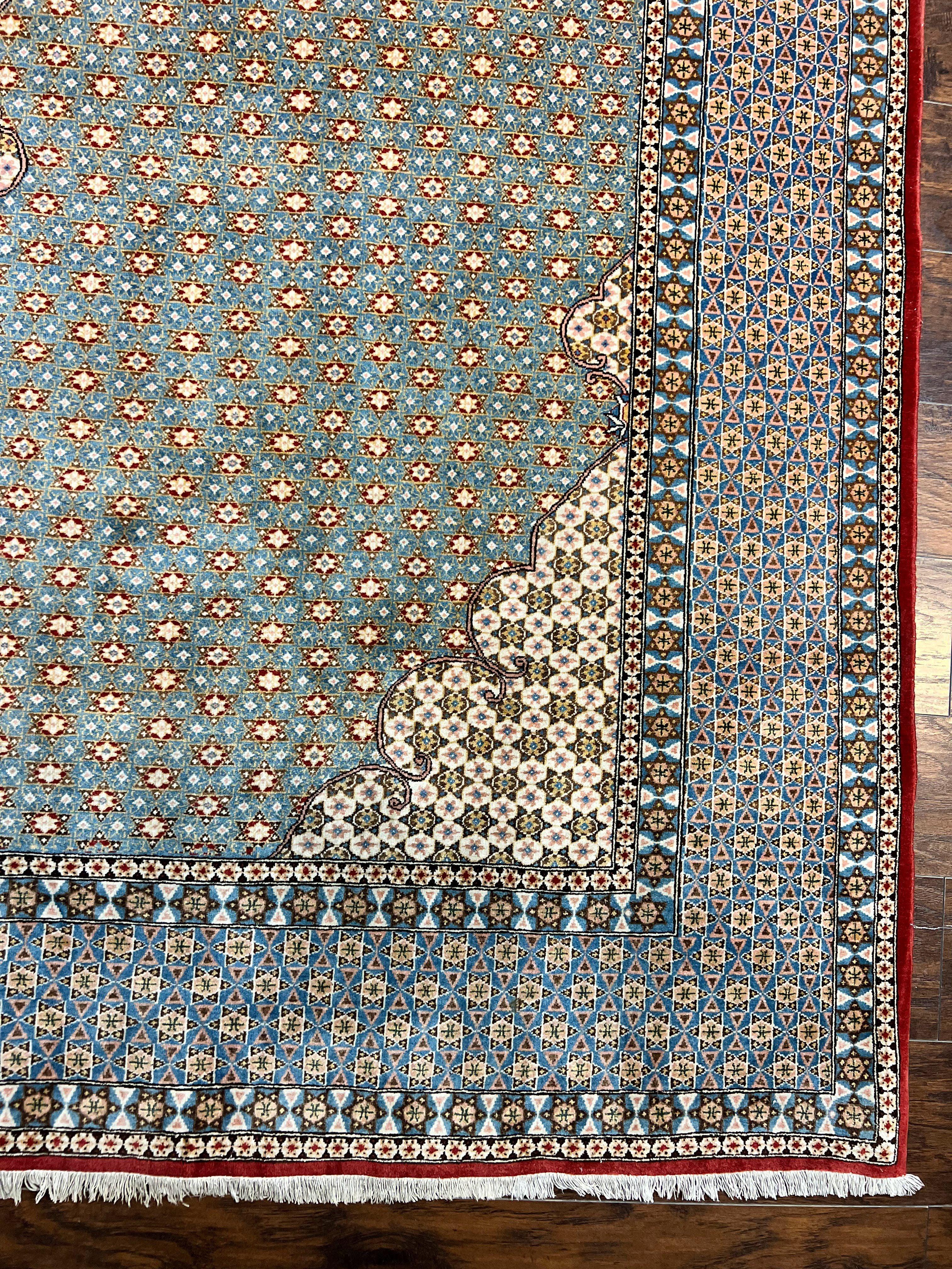 Rare Persian Rug 8x12, Qum Rug, Repeated Star Motifs, Blue and Ivory, Fine 300 KPSI, Hand Knotted Handmade Vintage Wool Rug - Jewel Rugs