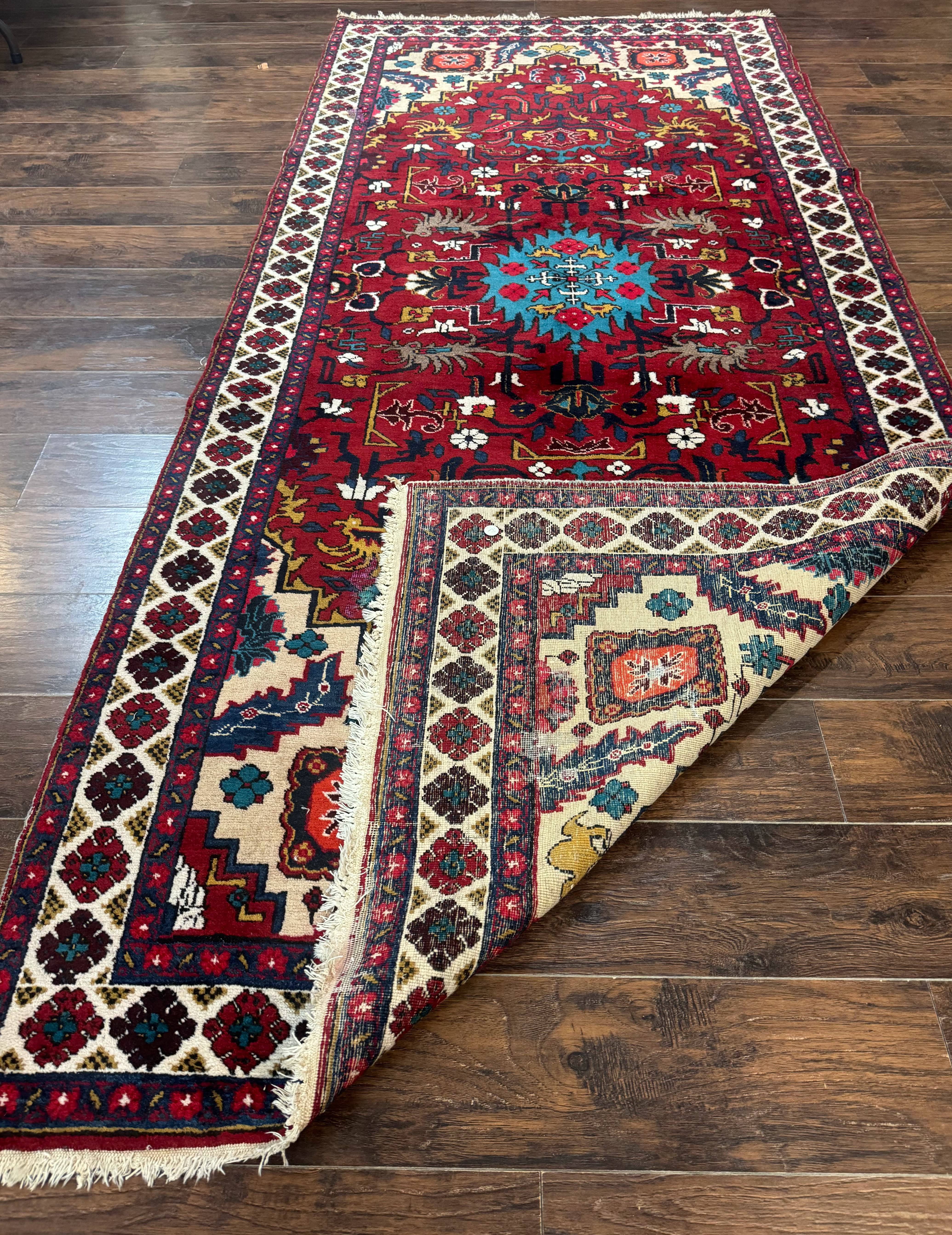 Persian Bakhtiari Rug 4.8 x 11, Wide Tribal Runner, Red Ivory and Blue, Vibrant Colors, Antique, Wool, Rare - Jewel Rugs