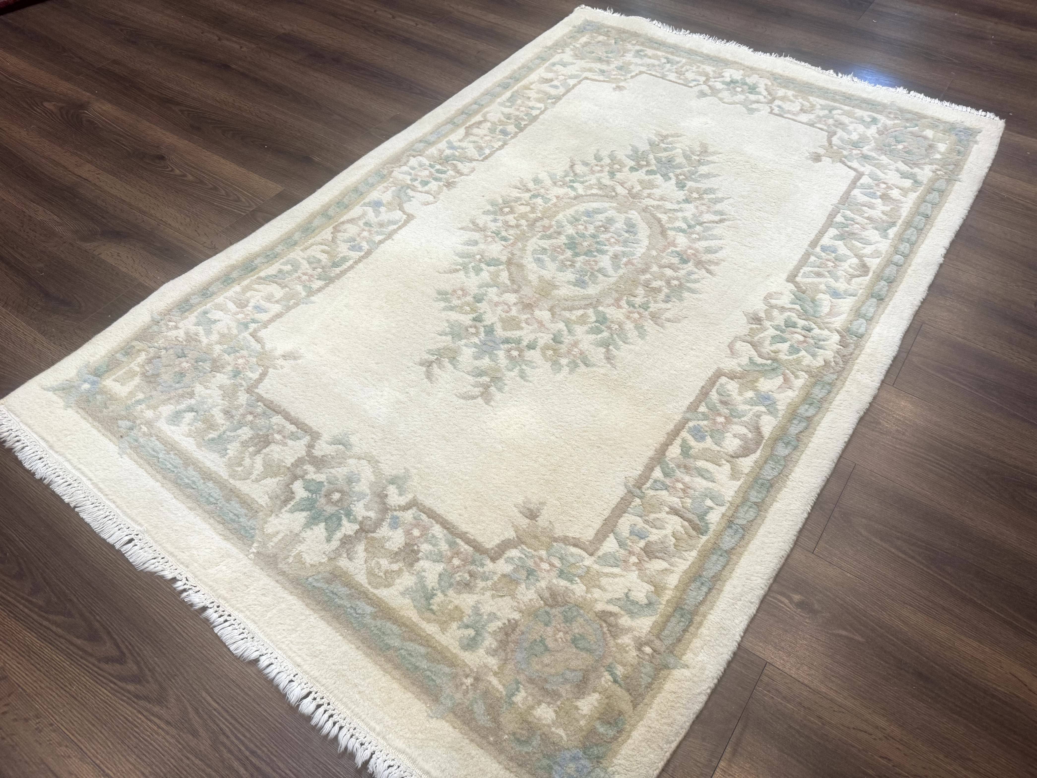 Indo Chinese Wool Rug 4x6, Aubusson Design, Ivory - Jewel Rugs