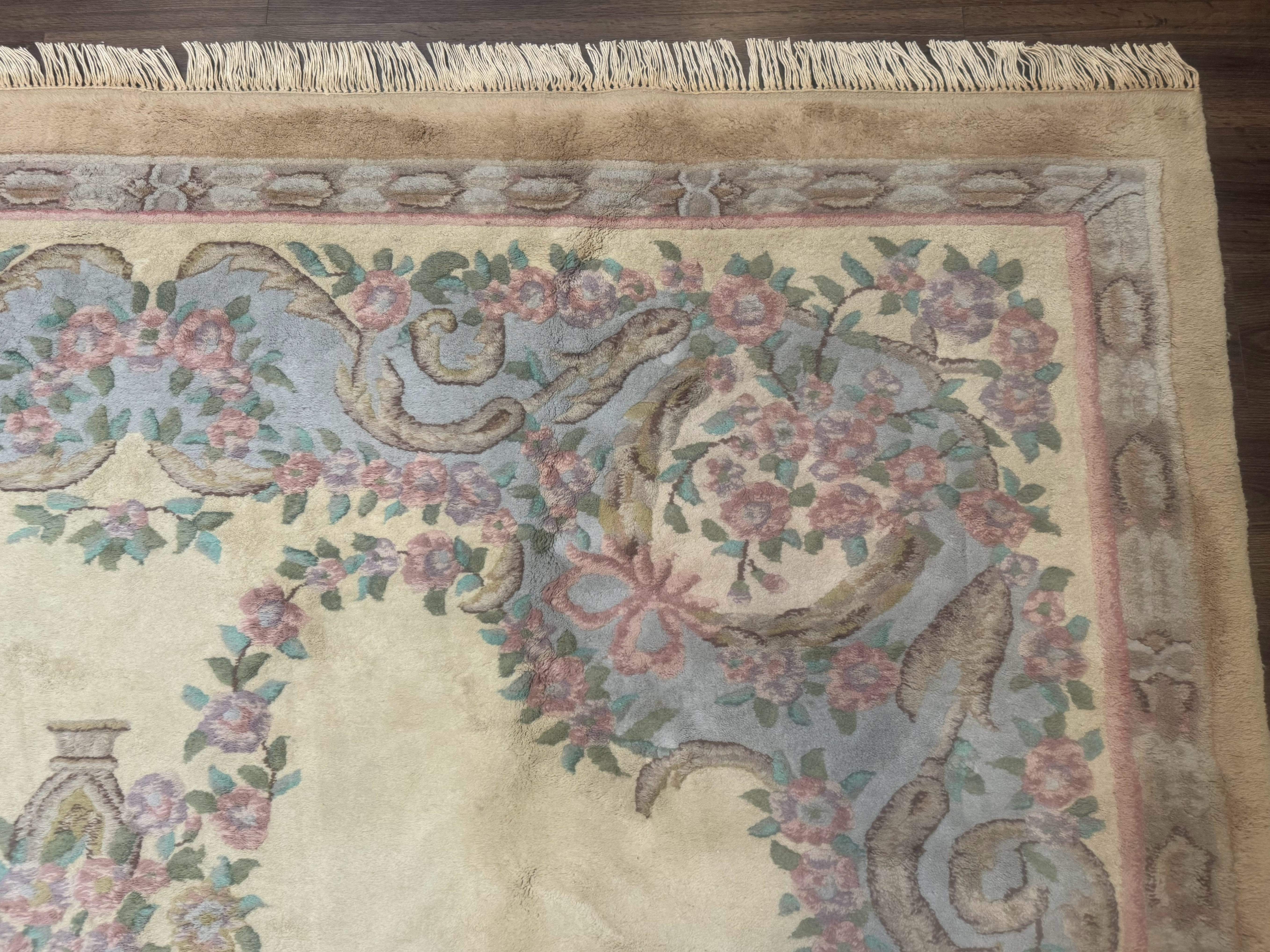 Indo Chinese Aubusson Rug 9x12, Cream and Light Blue, Soft Thick Wool Pile - Jewel Rugs