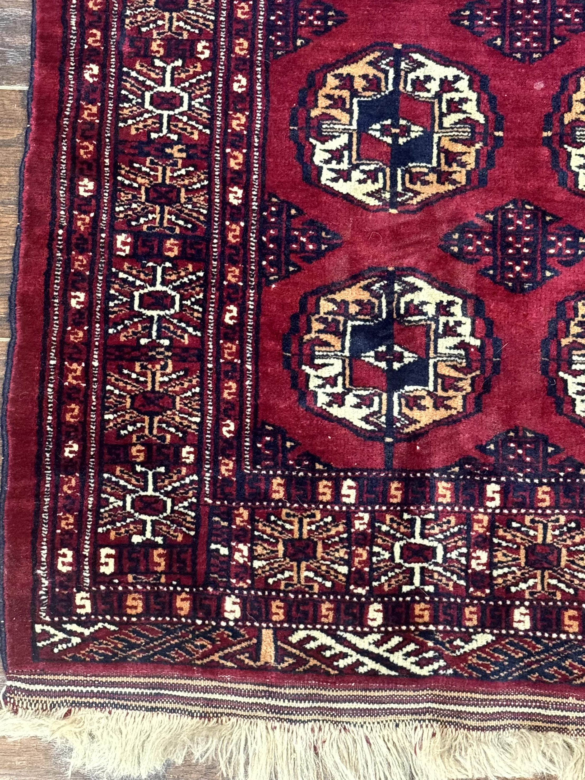Persian Turkoman Rug 3x4 – Raspberry Red and Ivory, Handmade Wool Vintage Carpet - Jewel Rugs