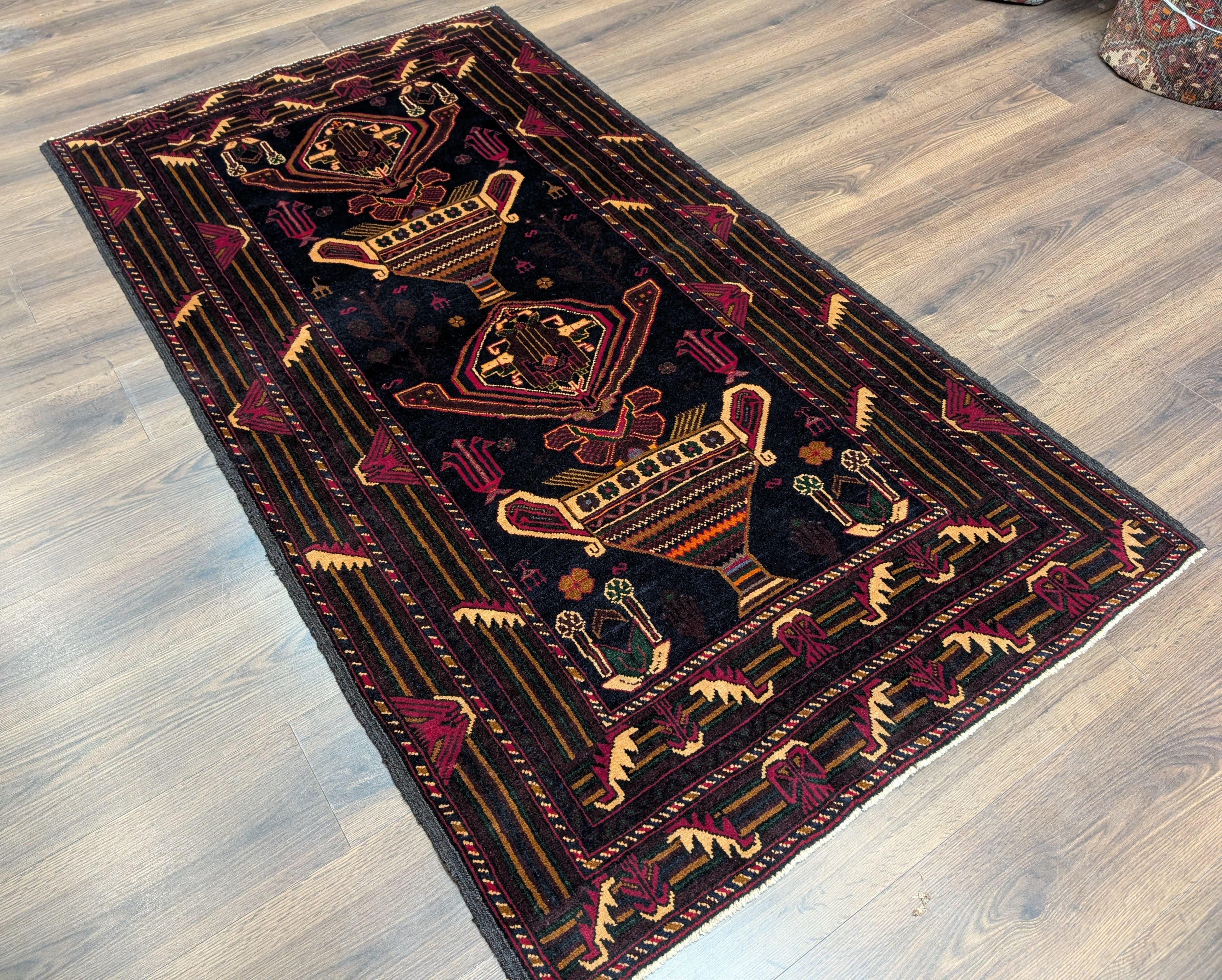 Afghan Baluch Rug 4x7, Persian Vase Design, Handmade, Wool, New - Jewel Rugs