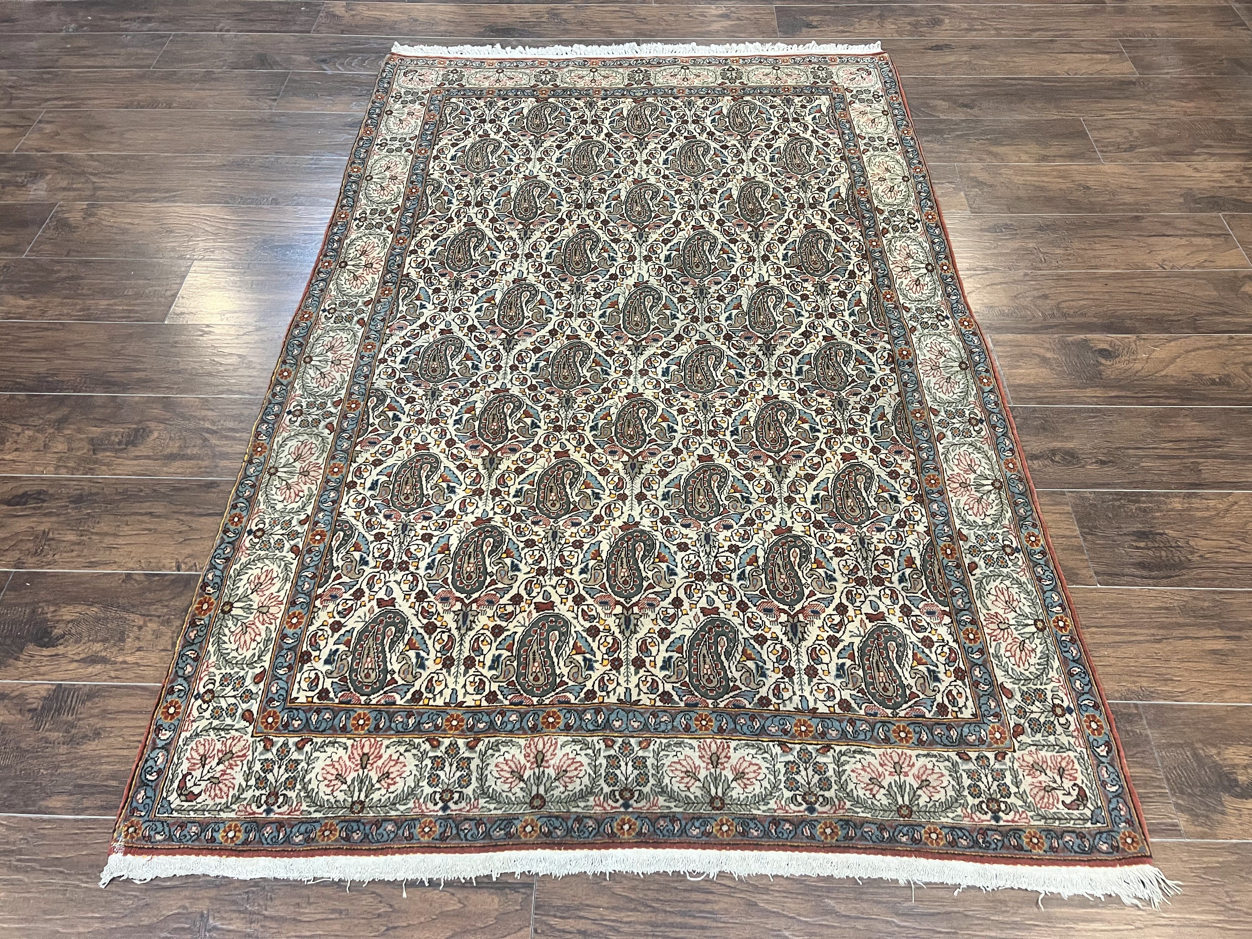 Persian Qum Rug 5x6, Cream Wool Hand Knotted Carpet, Repeated Boteh Paisely Design, Semi Antique Vintage Rug, Very Fine Weave 5 x 6 Rug - Jewel Rugs