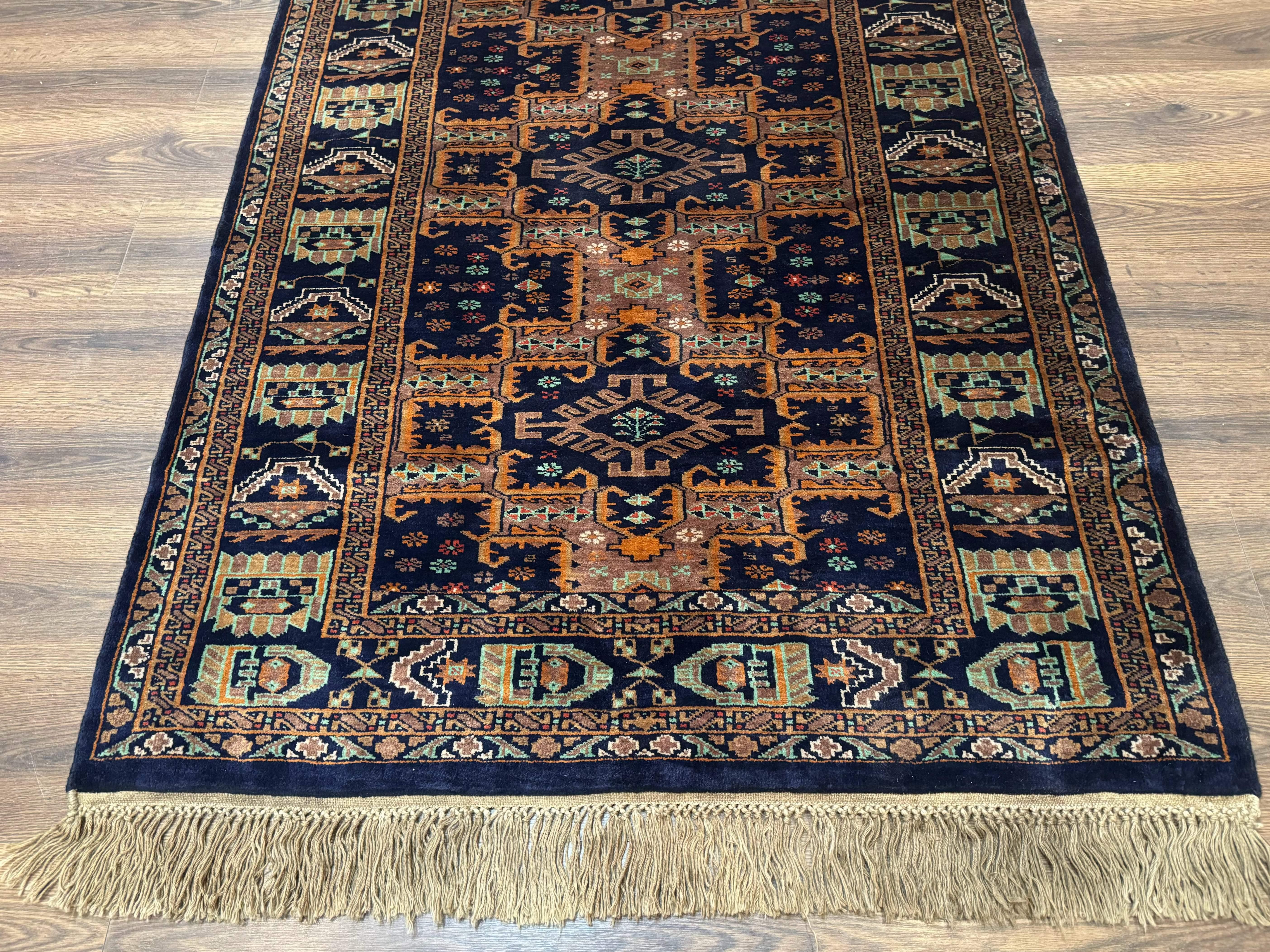 Vintage Afghan Rug 4x6, Navy Blue and Light Brown, Geometric Medallions, Wool on Wool, Tribal Rug - Jewel Rugs