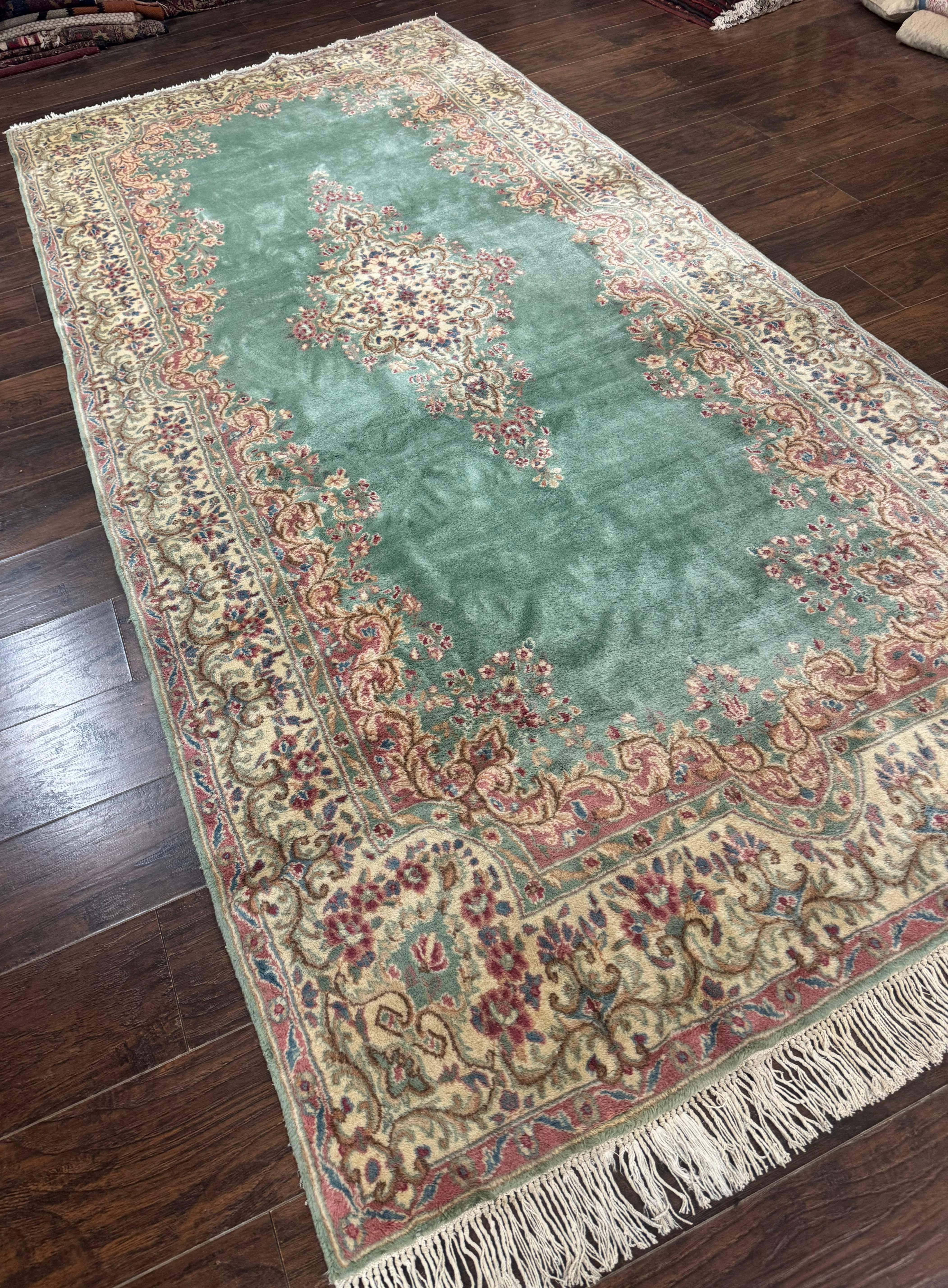 Persian Kerman Wide Runner Rug 5x11 – Seafoam Green and Beige, Wool Vintage Carpet - Jewel Rugs