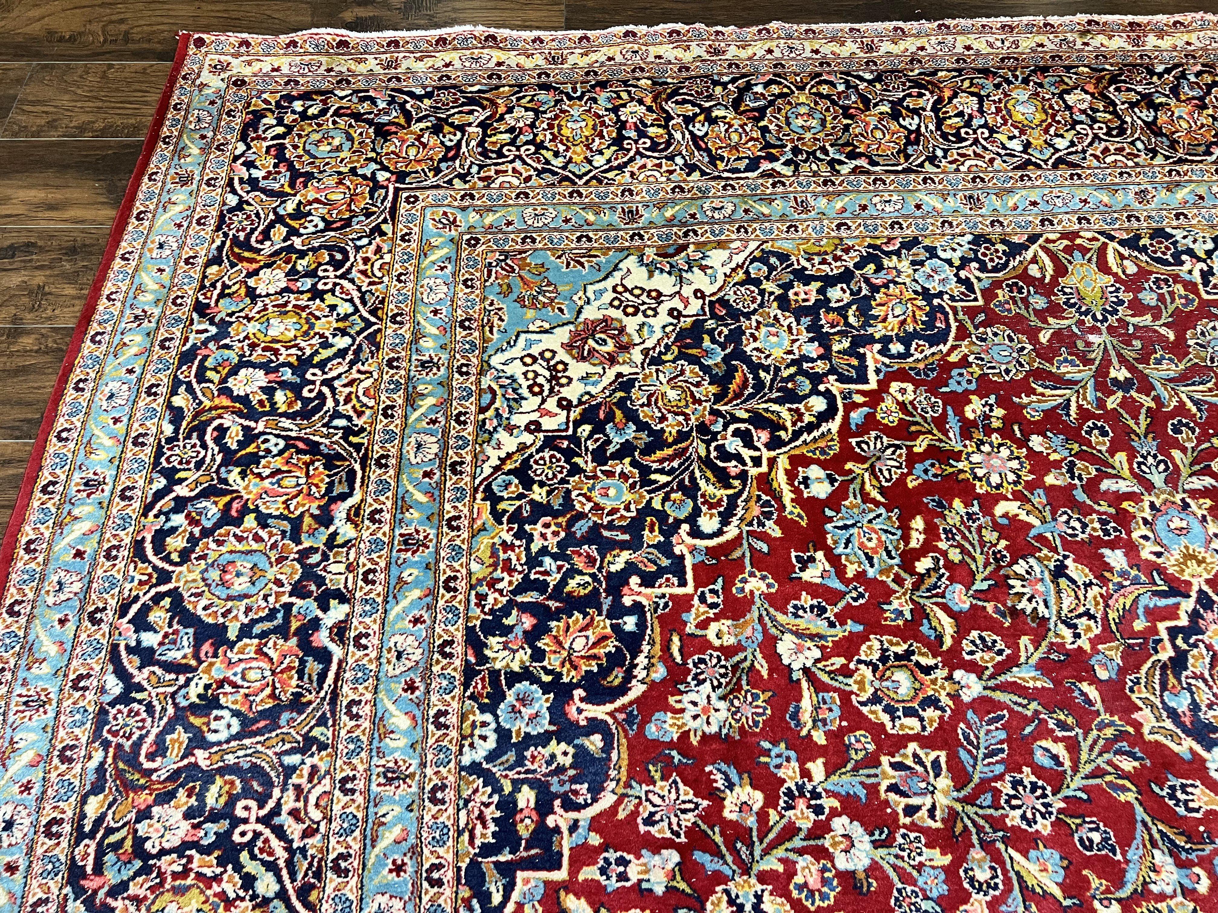 Persian Kashan Rug 10x14, Wool Hand Knotted Vintage Carpet, Red & Navy Blue Floral Allover Rug, Traditional Oriental Rug 10 x 14, Semi Antique - Jewel Rugs