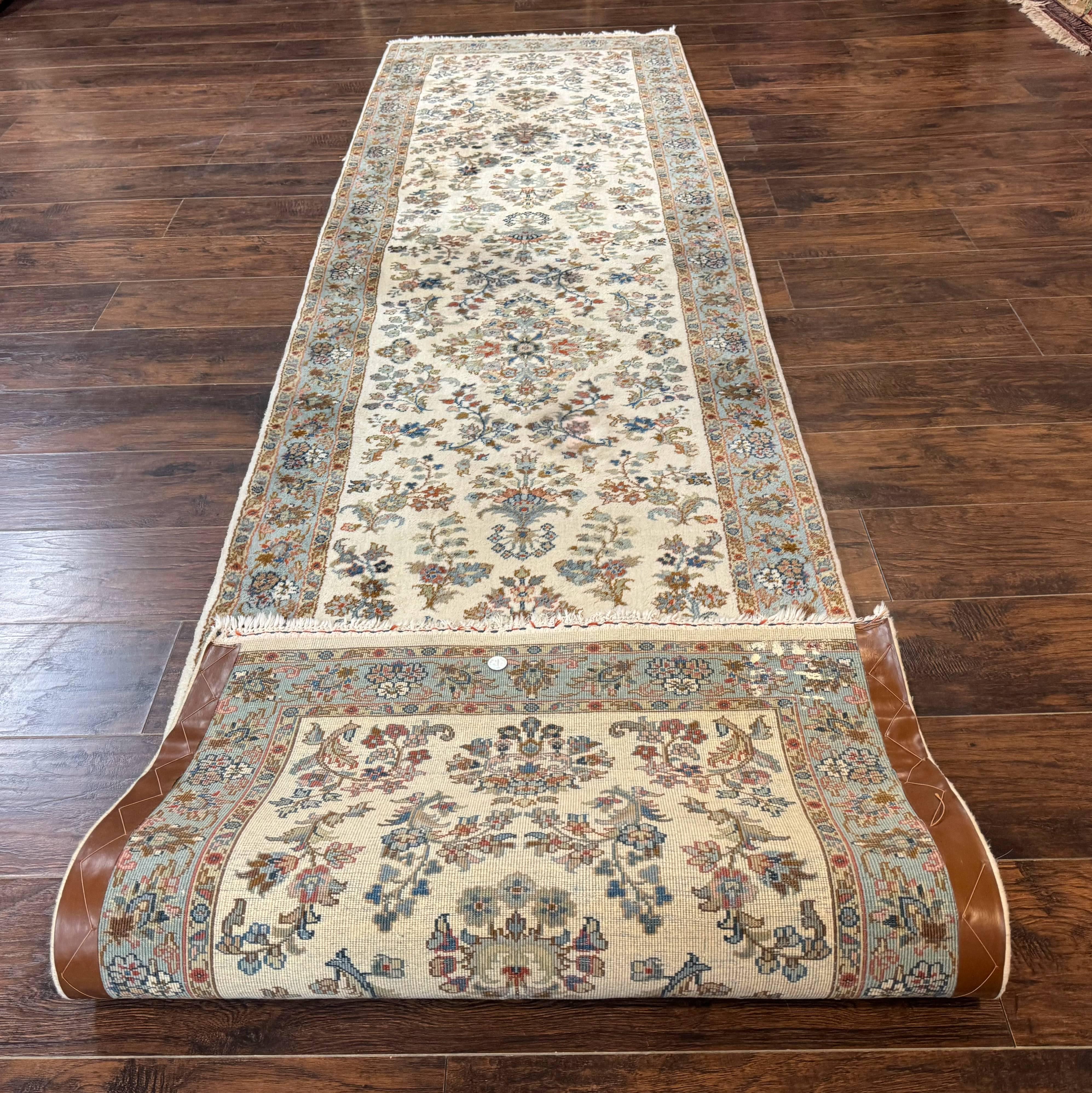 Indo Persian Sarouk Runner Rug 3x12, Cream and Light Blue, Oriental Runner for Hallway or Kitchen 3 x 12 - Jewel Rugs