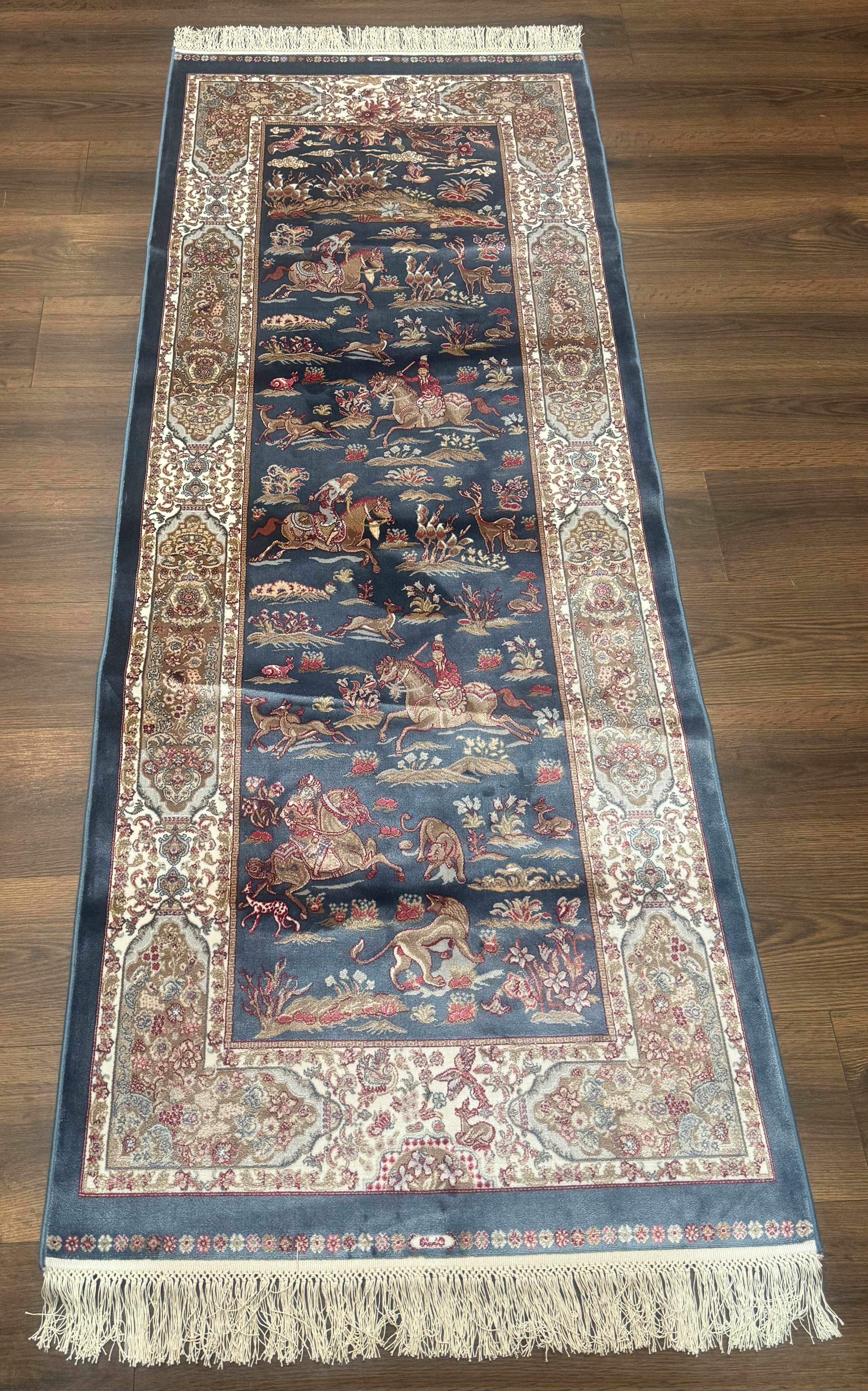 Turkish Silk Rug 2.6 x 6.7, Short Runner Rug, Blue & Ivory, Bamboo Silk, New - Jewel Rugs