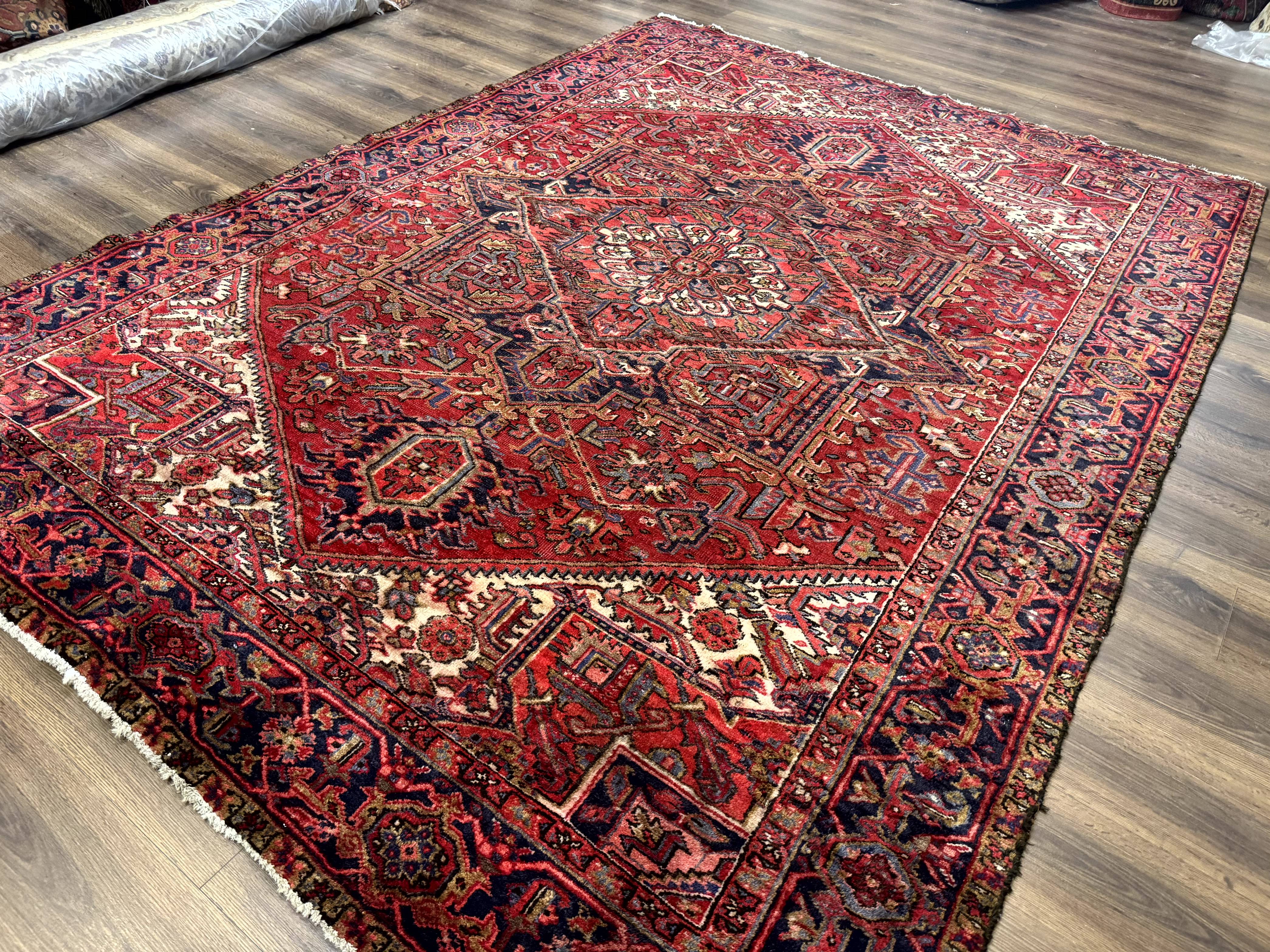 Persian Heriz Rug 7x10, Geometric Pattern, Red Ivory Navy Blue - Jewel Rugs