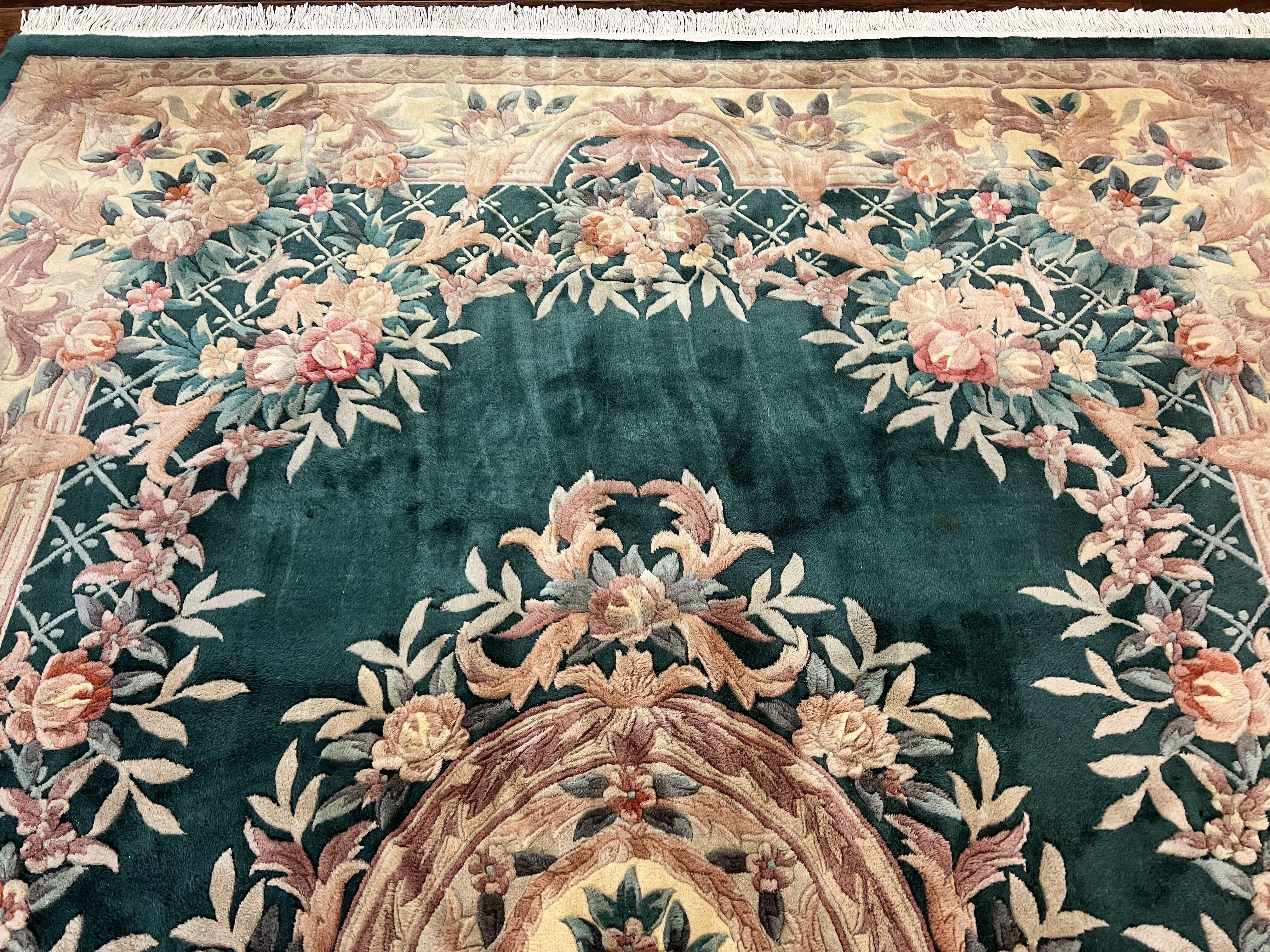 Chinese Wool Rug 9x11, Chinese Aubusson Carpet 9 x 11, Green and Cream, 120 Line, Handmade Room Sized Plush Pile, Vintage Rug - Jewel Rugs
