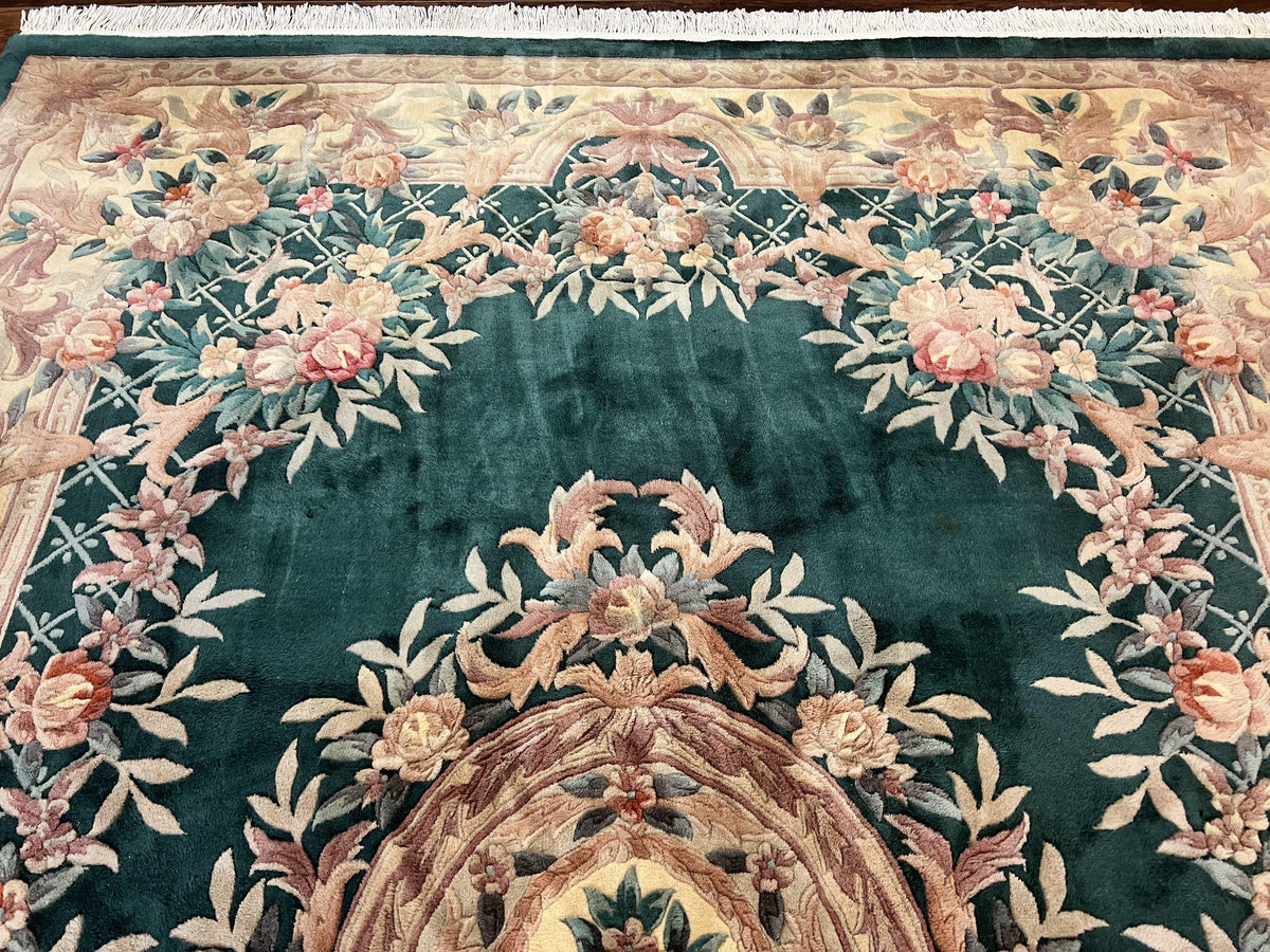 Chinese Wool Rug 9x11, Chinese Aubusson Carpet 9 x 11, Green and Cream Jewel Rugs