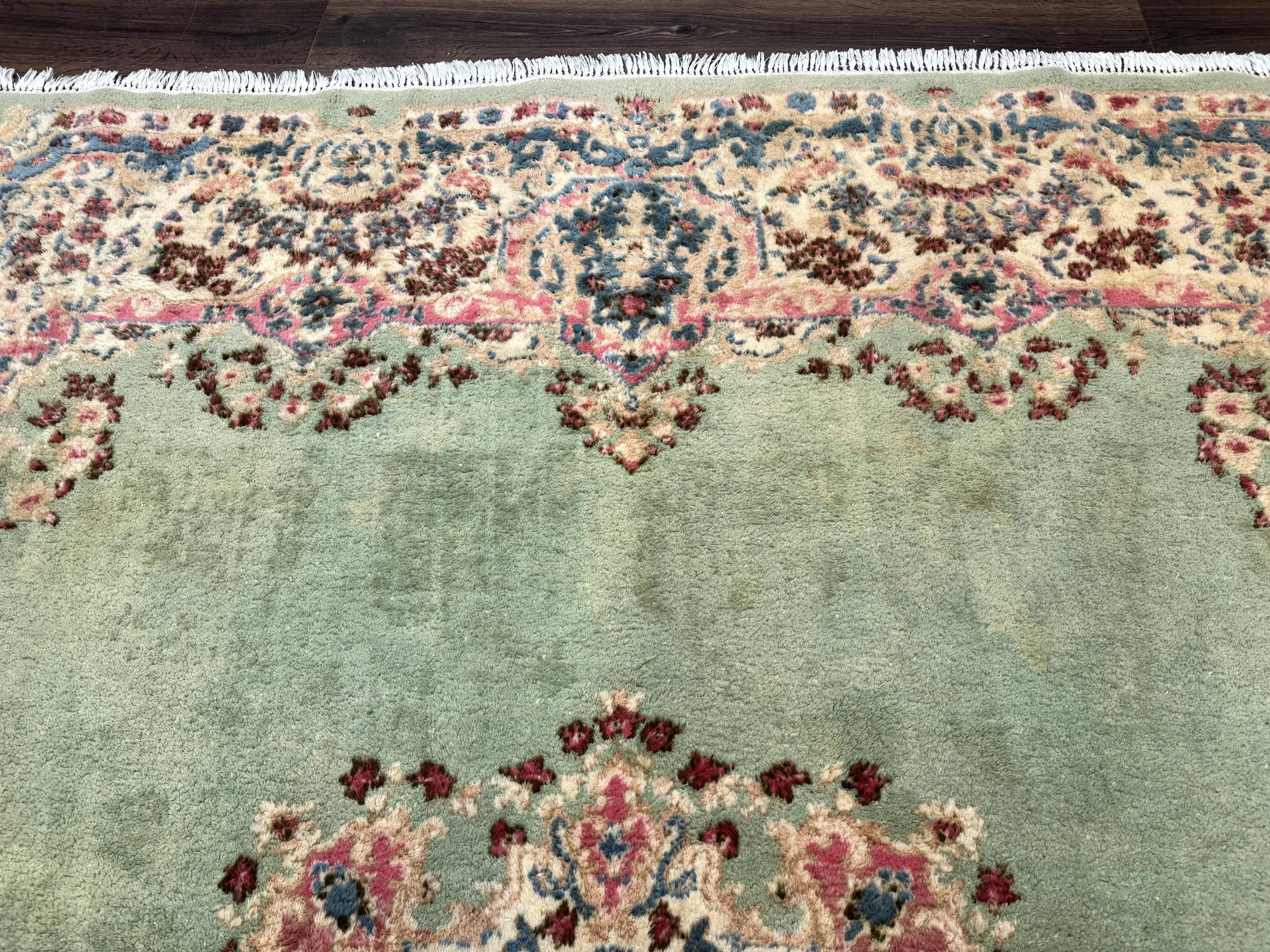 Green Persian Rug 10x10, Large Square Persian Carpet, Wool Rug, Open Field, Green and Beige Rug, Kerman Rug - Jewel Rugs