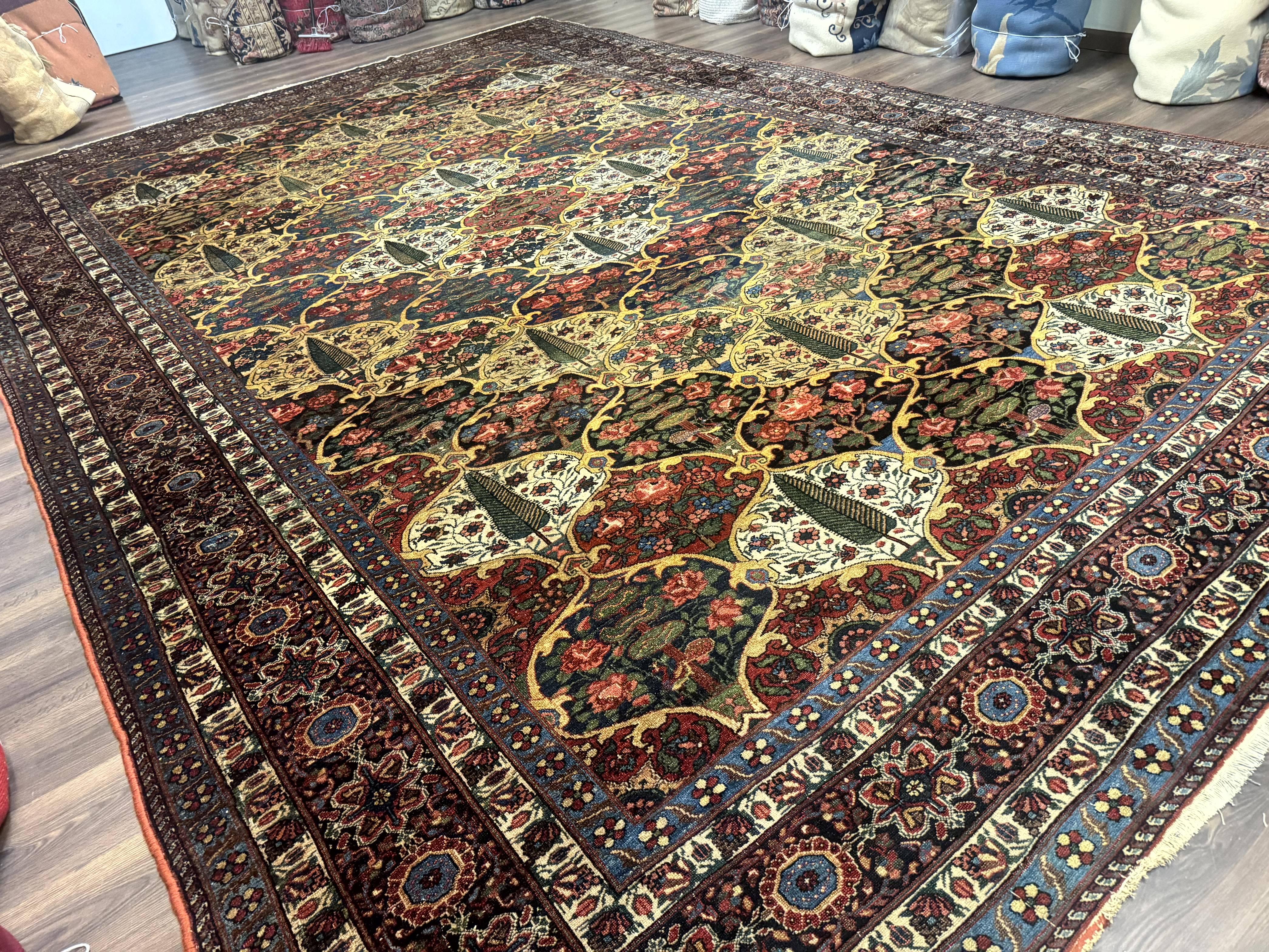 Antique Persian Bakhtiari Rug 12x19, Palace Size Wool Handmade Persian Carpet, Oversized Rug, Panel Design, Peacocks, Multicolor, Rare - Jewel Rugs