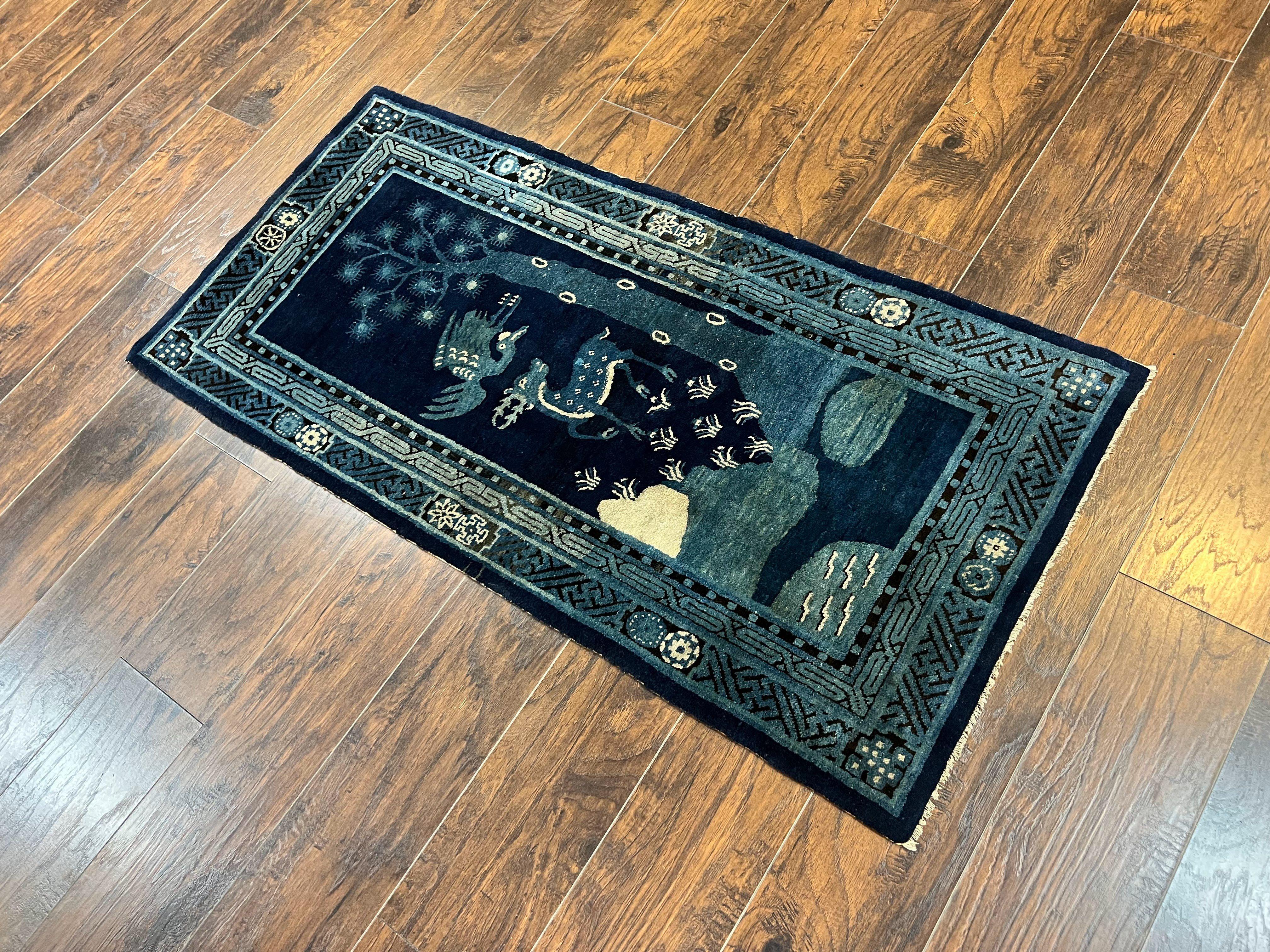 Antique Chinese Peking Rug 3x5, Dark Blue Chinese Wool Rug 3 x 5, Animal Pictorials Deer Birds, Handmade Asian Oriental Chinese Carpet - Jewel Rugs