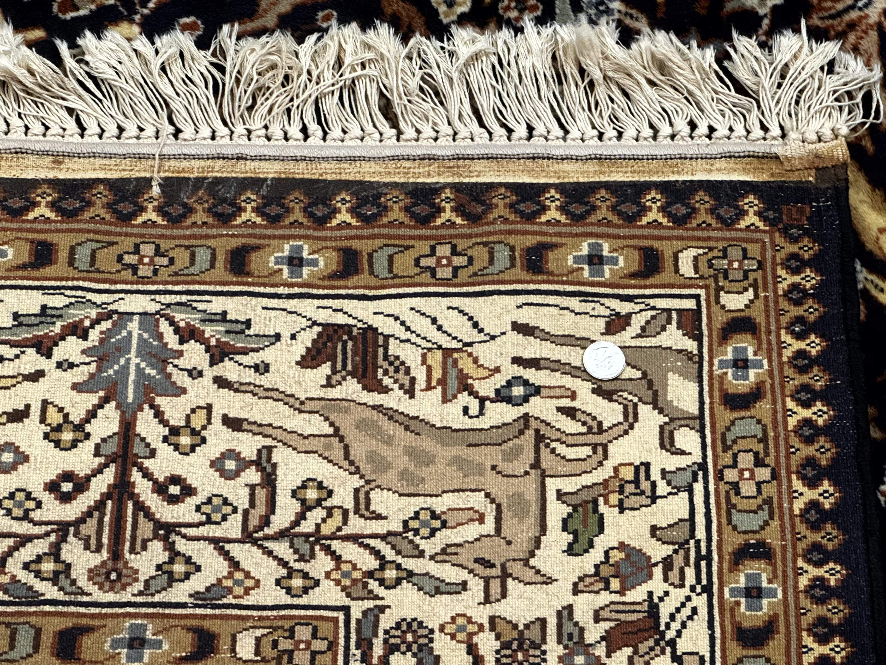 Indian Kashmiri Rug 6x9, Navy Blue and Ivory, Tree of Life, Hunting Design, Animal Pictorials, Horse Deer - Jewel Rugs