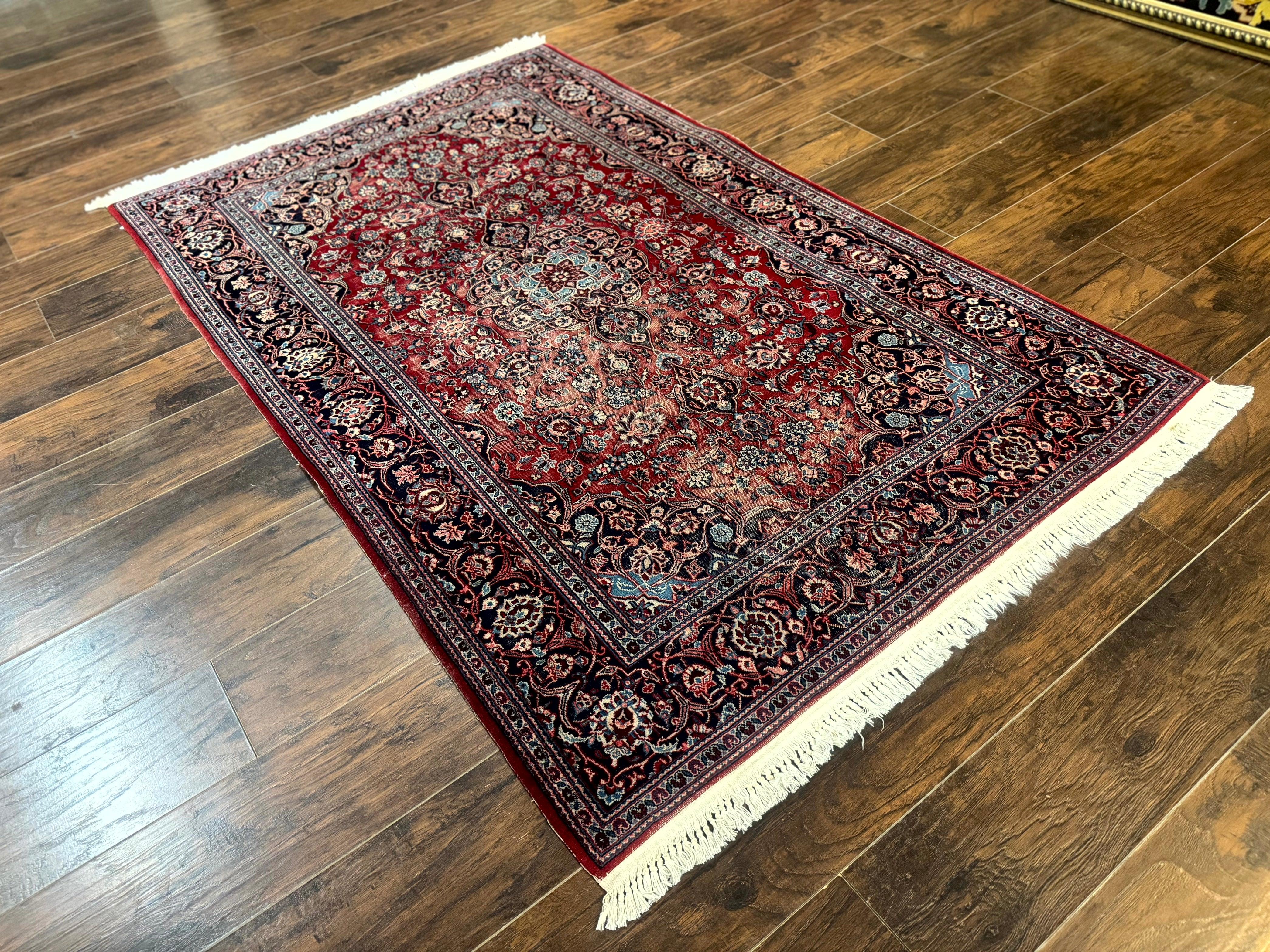 Antique Persian Kashan Rug 4x7, Red and Navy Blue, Floral Medallion, Traditional Oriental Carpet, Medium Low Pile - Jewel Rugs