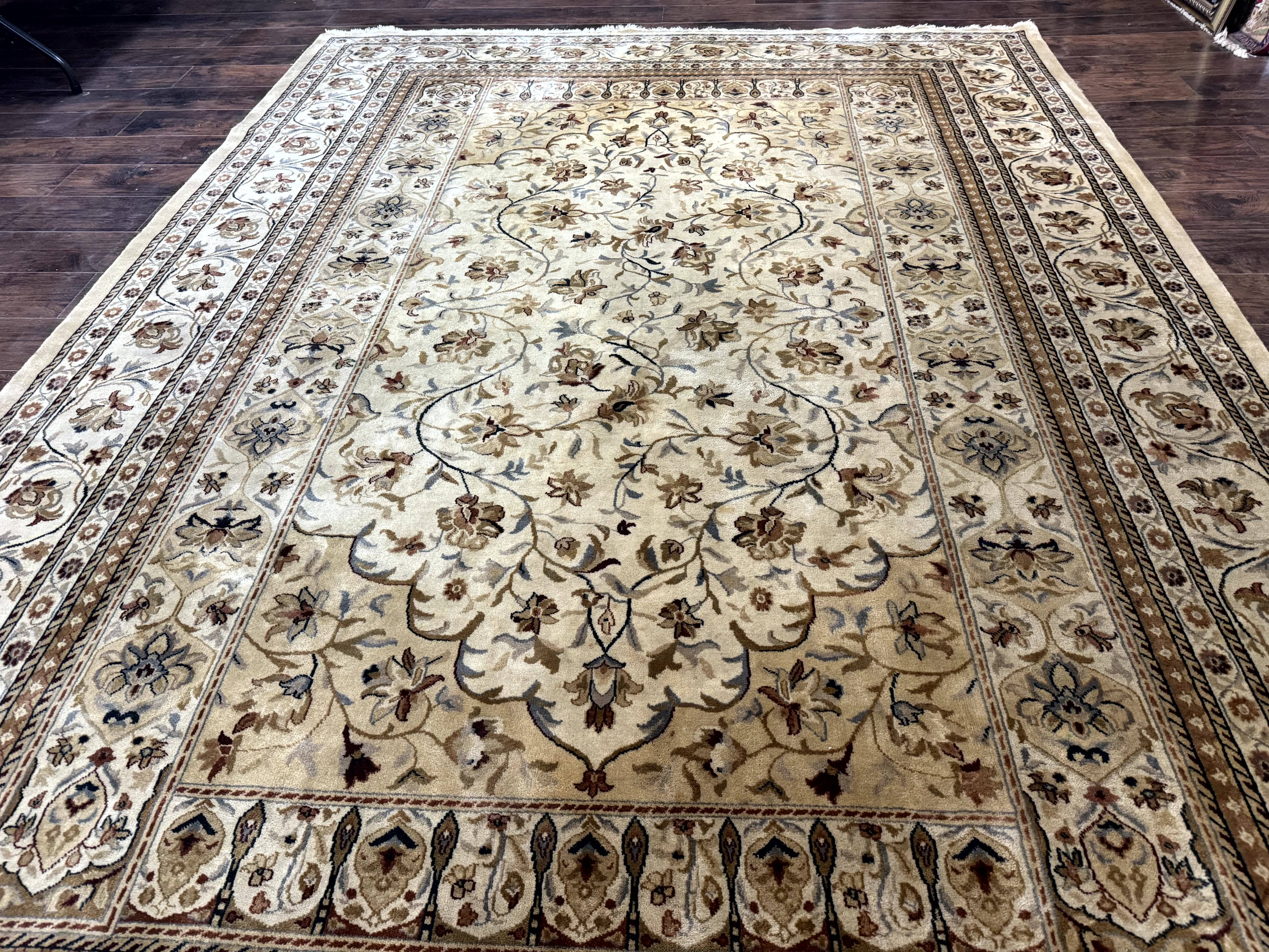 Indo Persian Rug 8x11, Beige, Handmade Vintage Traditional Carpet - Jewel Rugs