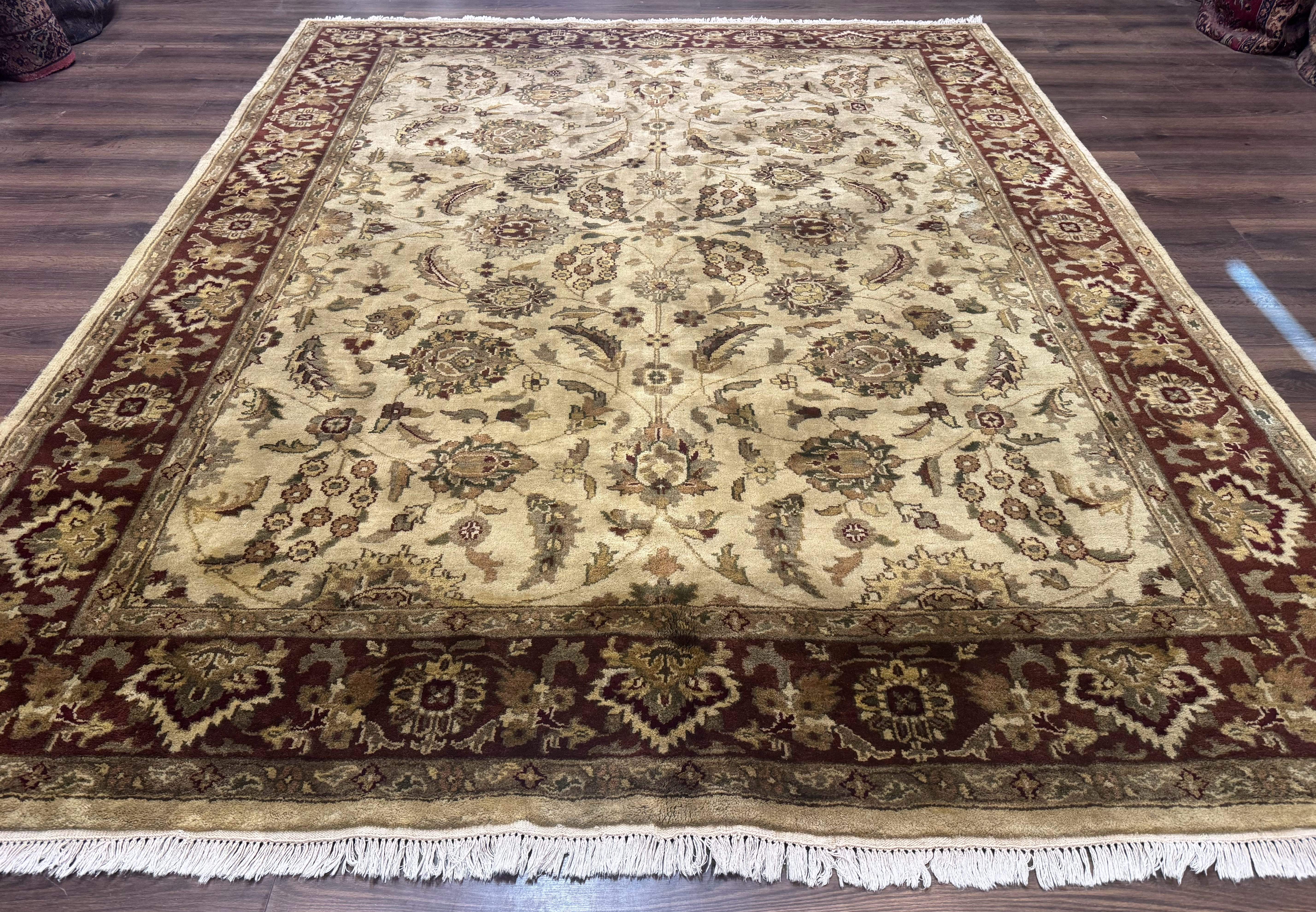 Indo Persian Mahal Rug 8x10 – Beige and Maroon, Hand-Knotted Wool Carpet - Jewel Rugs
