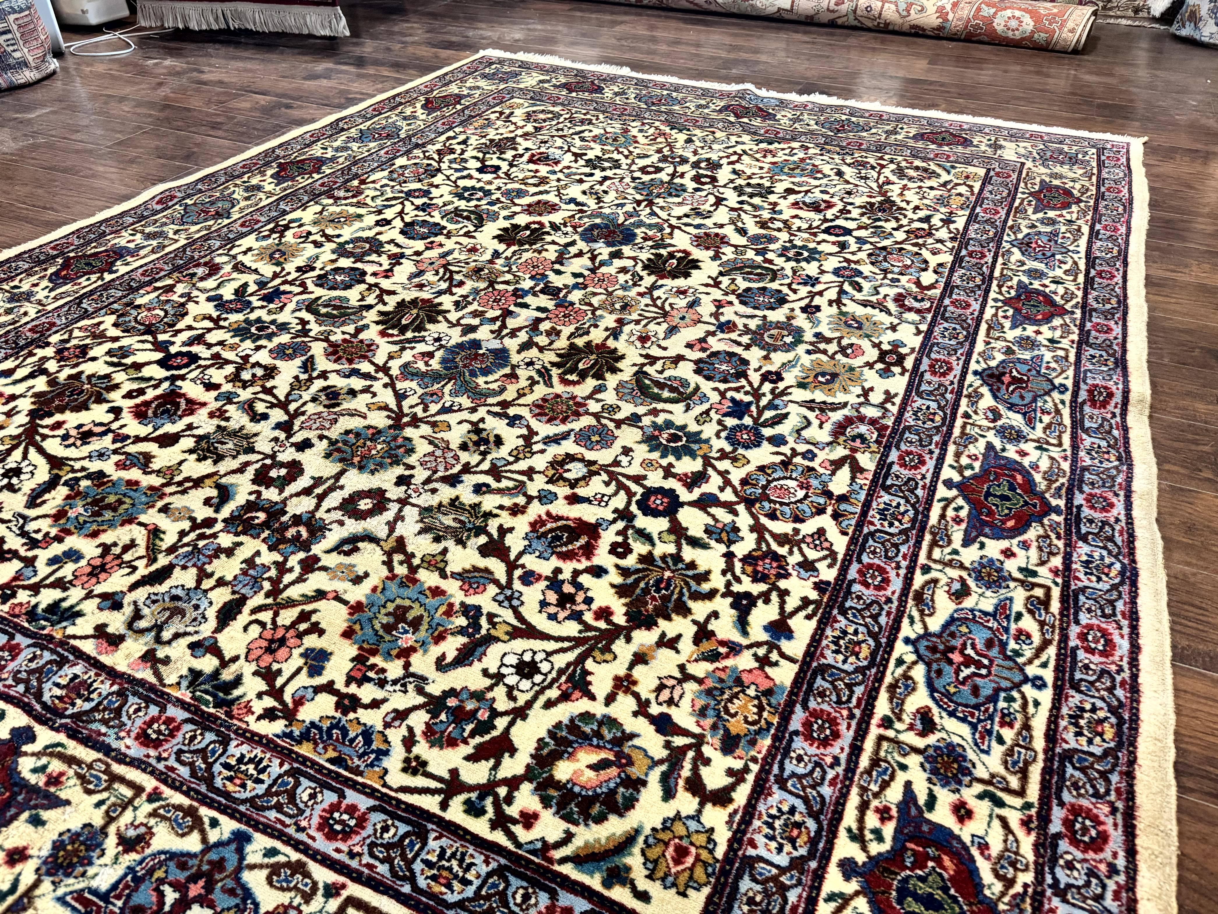 Antique Persian Tabriz Rug 8x10, Cream and Light Blue, Floral Allover, Signed, Handmade Wool Rug - Jewel Rugs