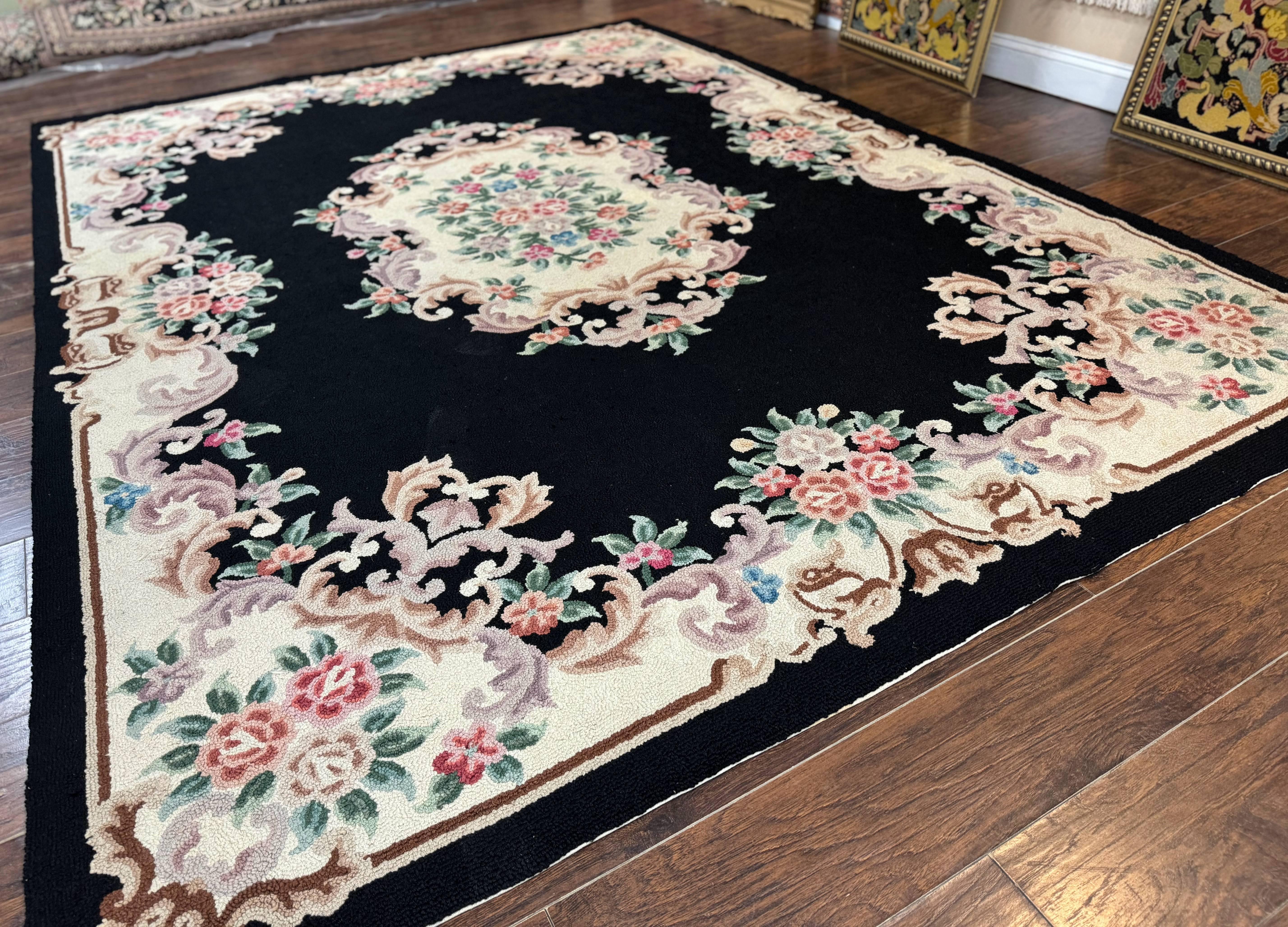 Aubusson Rug 8x11, Black and Ivory, Hooked Rug, Vintage, Wool - Jewel Rugs